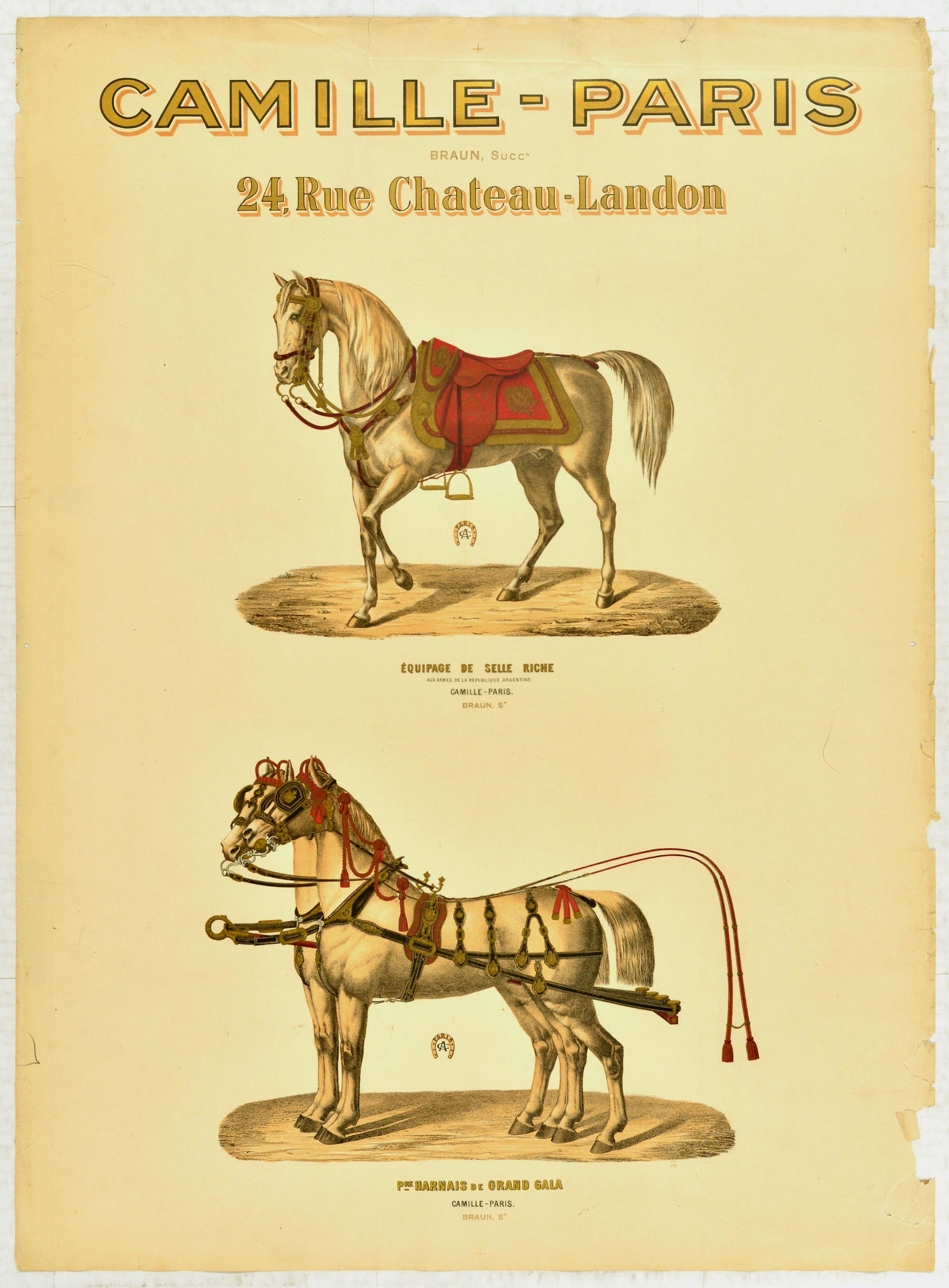 Advertising Poster Camille Paris Horse Harness: Original antique advertising poster for a French manufacturer of horse harnesses and saddles Camille - Paris at 24 Rue Chateau Landon in Paris, France. Pictures shows a horse in a single person equipm