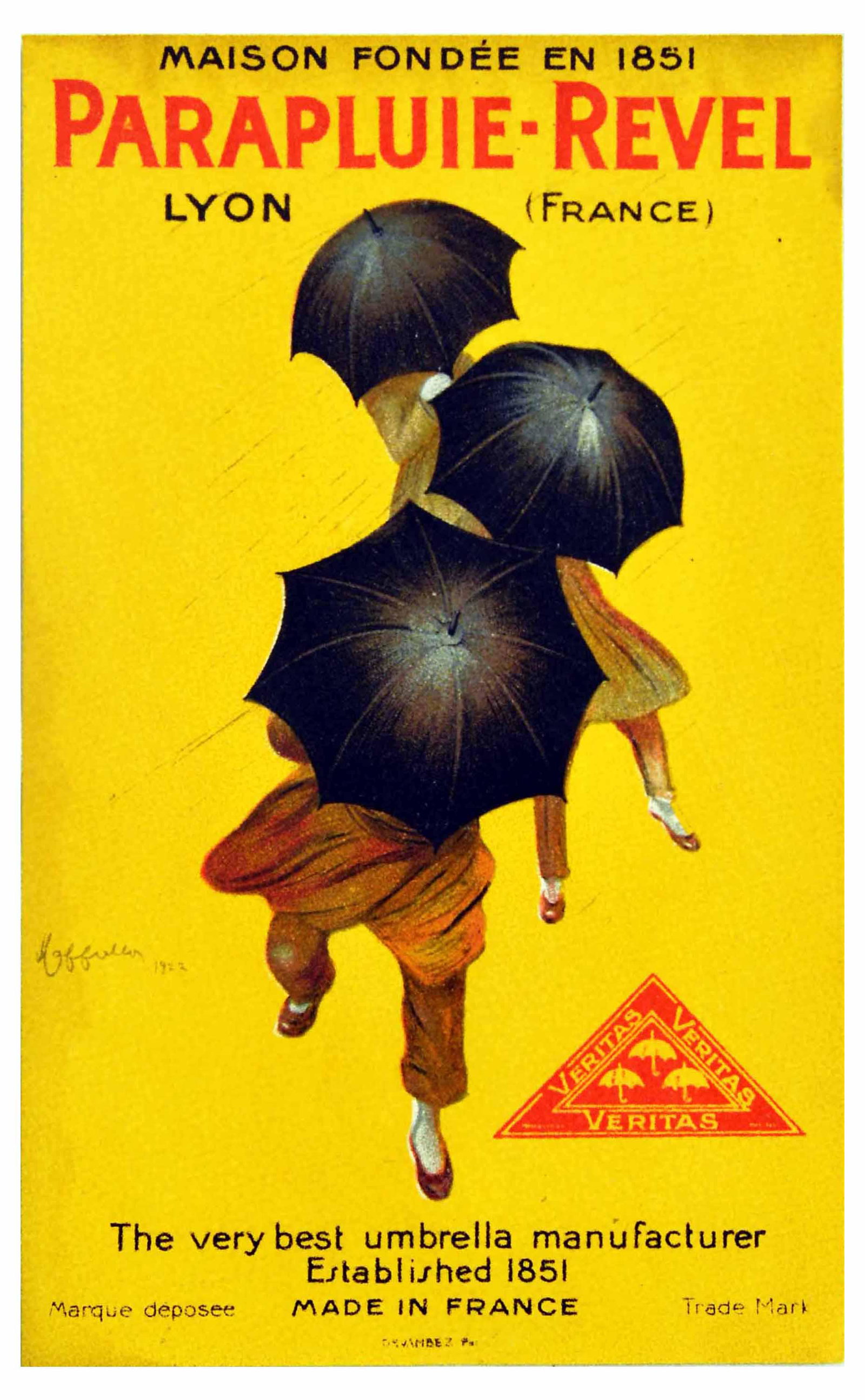 Advertising Poster Revel Umbrella Cappiello Parapluie: Original vintage advertising flyer poster for Parapluie - Revel / Revel Umbrella featuring an iconic design by the renowned poster artist Leonetto Cappiello (1875-1942) of three people braving the wea