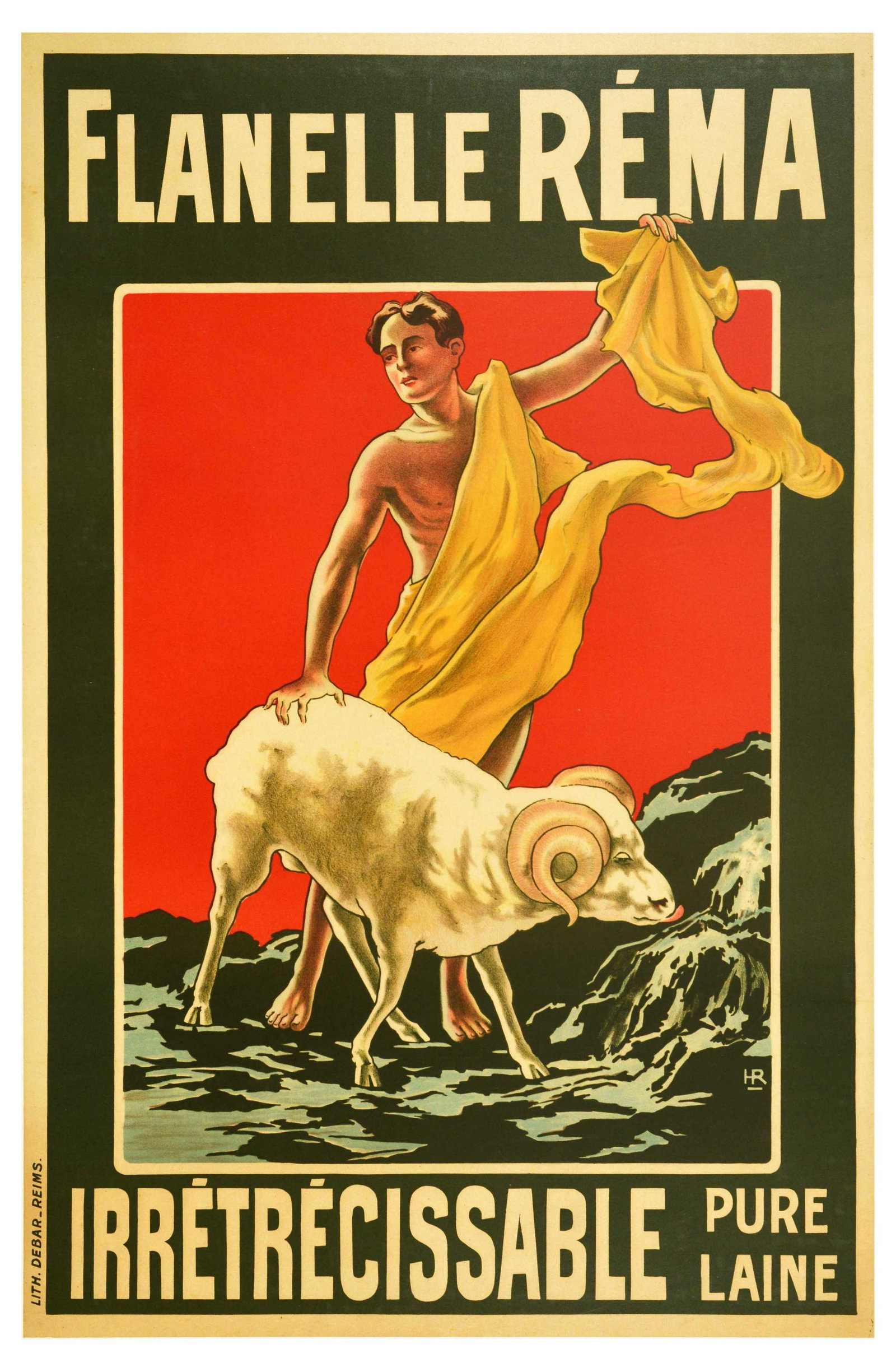 Advertising Poster Flanelle Rema Ram Wool Clothing: Original vintage advertising poster for Rema Flannel Non-shrink Pure Wool / Flanelle Rema Irretrecissable Pure Laine, featuring an illustration of a man in a yellow robe next to a white ram set over r