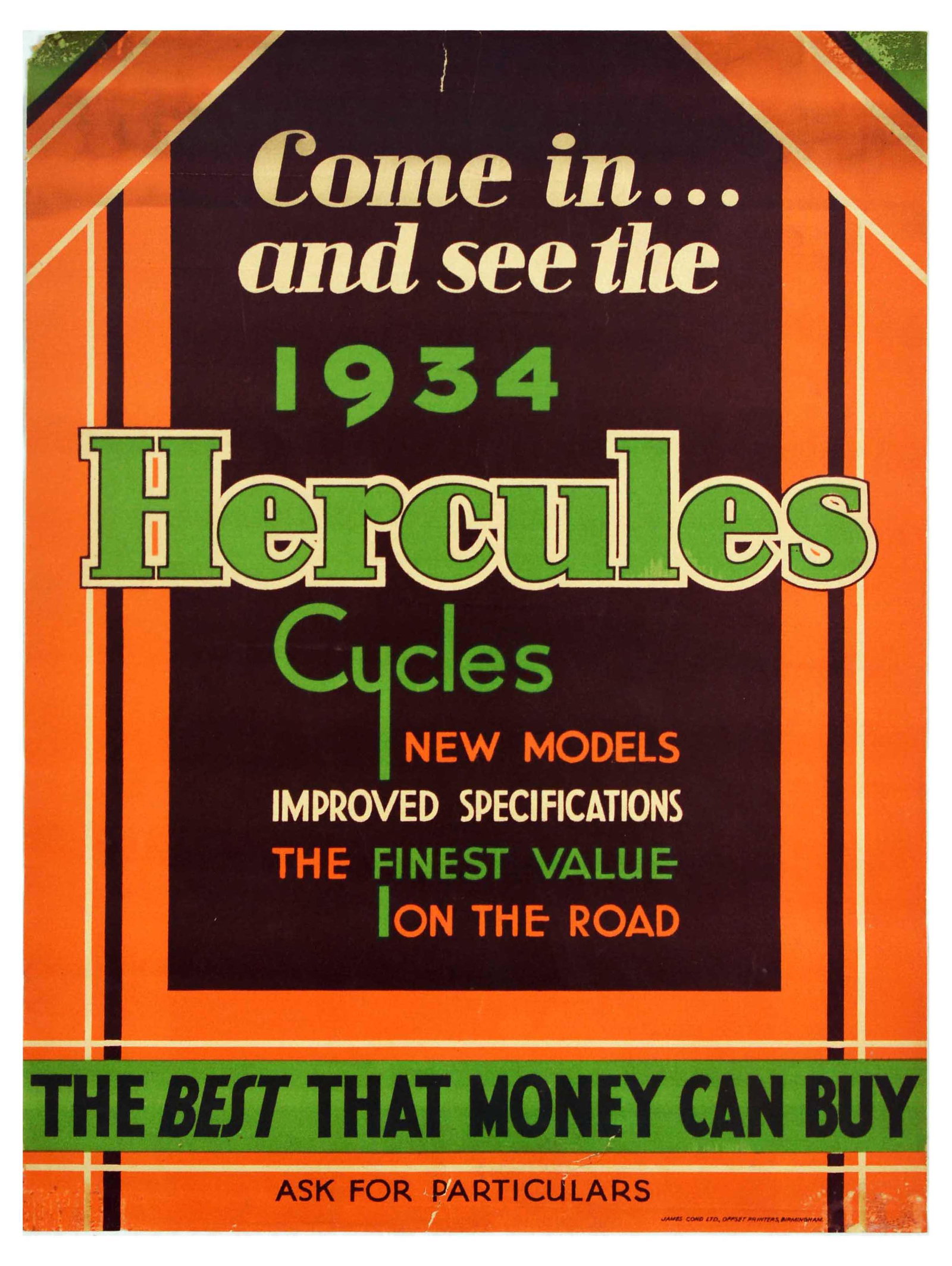 Advertising Poster Hercules Cycle Bicycle Cycling Bike: Original vintage advertising poster for bicycles - Come in... and see the 1934 Hercules Cycles. New models, improved specifications, the finest value on the road. The best that money can buy. - featur