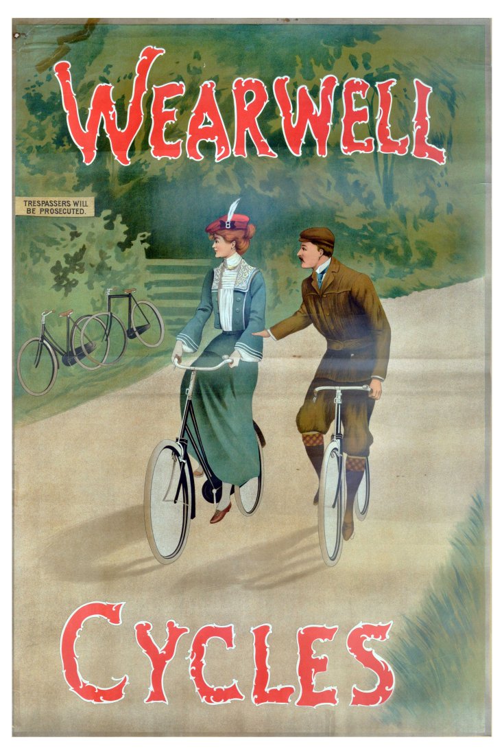 Advertising Poster Wearwell Cycles: Original antique lithograph poster for the British cycling company Wearwell Cycles (since 1867). Victorian style design featuring a fashionable lady in an elegant dress with a feathered hat riding a b