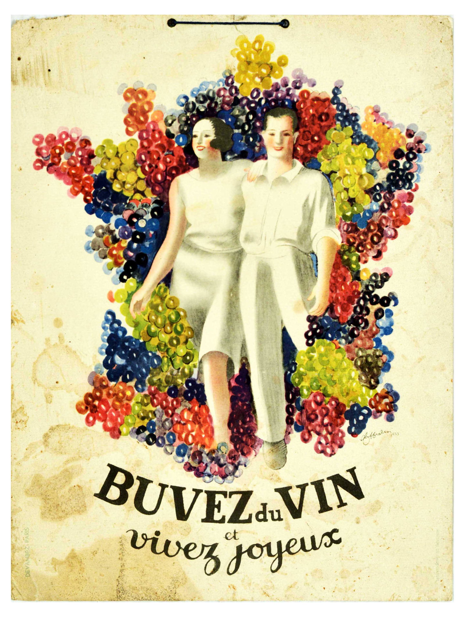 Advertising Poster Wine France Cappiello Buvez du Vin: Original vintage advertising poster standee issued in France to promote wine drinking. Great design by a poster master Leonetto Cappiello of a happy couple joyously walking through a map of France mad