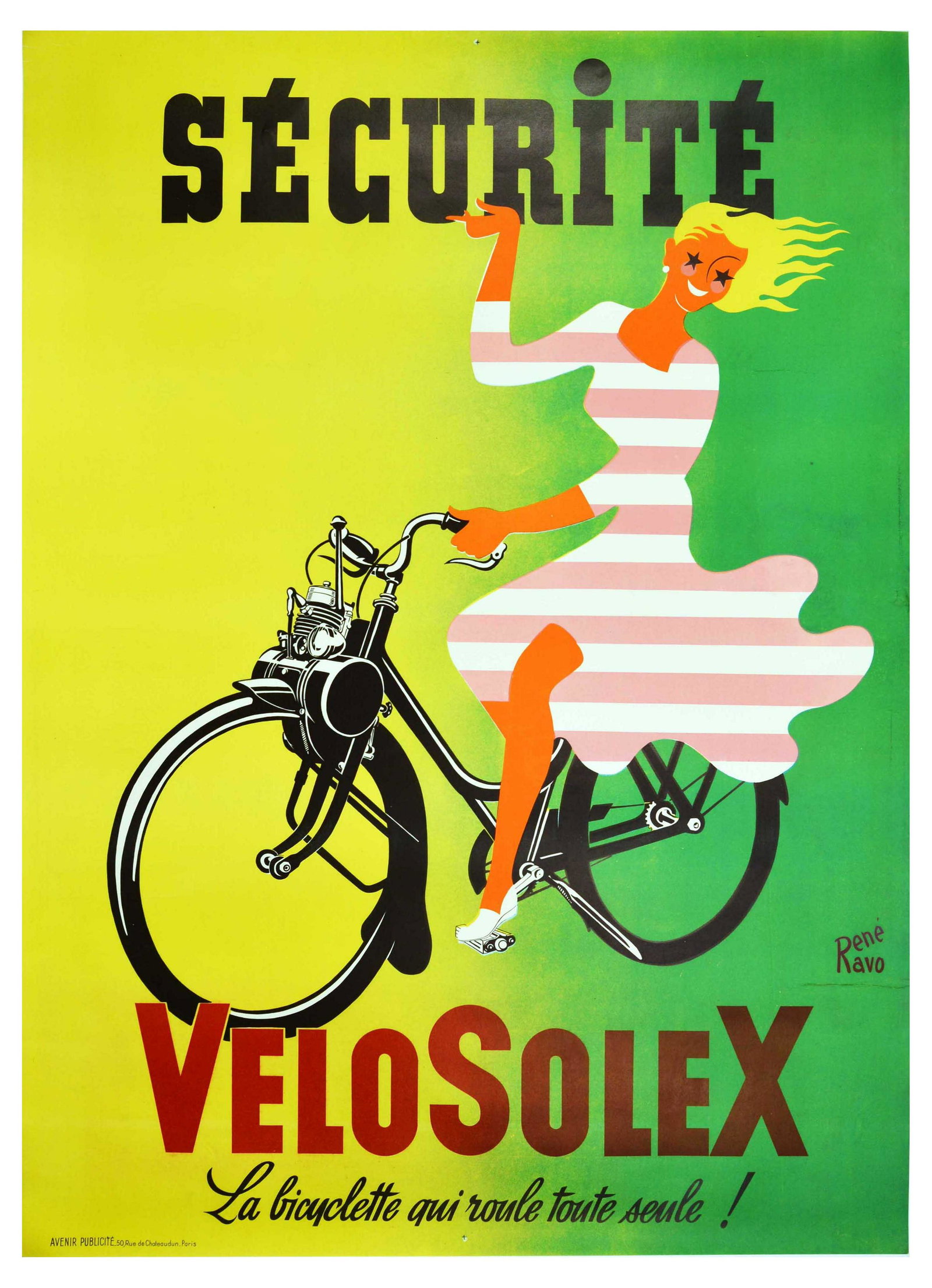 Advertising Poster Securite VeloSolex Moped Bicycle: Original vintage advertising poster for VeloSoleX motorised bicycle, featuring an illustration of a smiling lady in a pink and white striped dress riding a moped, captions read - Safety VeloSoleX The 