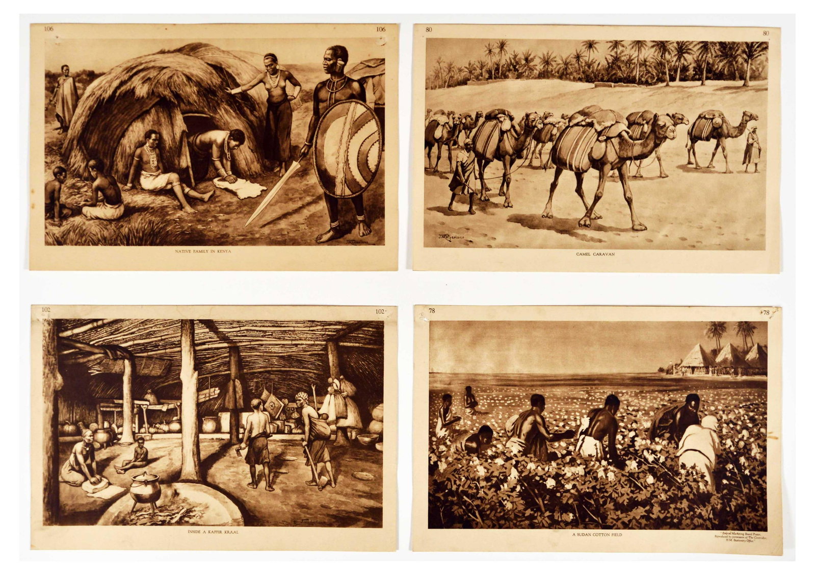 Advertising Poster Set School Aid Africa Kenya Sudan: Oriiginal vintage set of 13 school aid posters featuring scenes of life in Africa: native family in Kenya; camel caravan by J. Macfarlane; inside a Kaffir Kraal; a Sudan cotton field; making pottery i