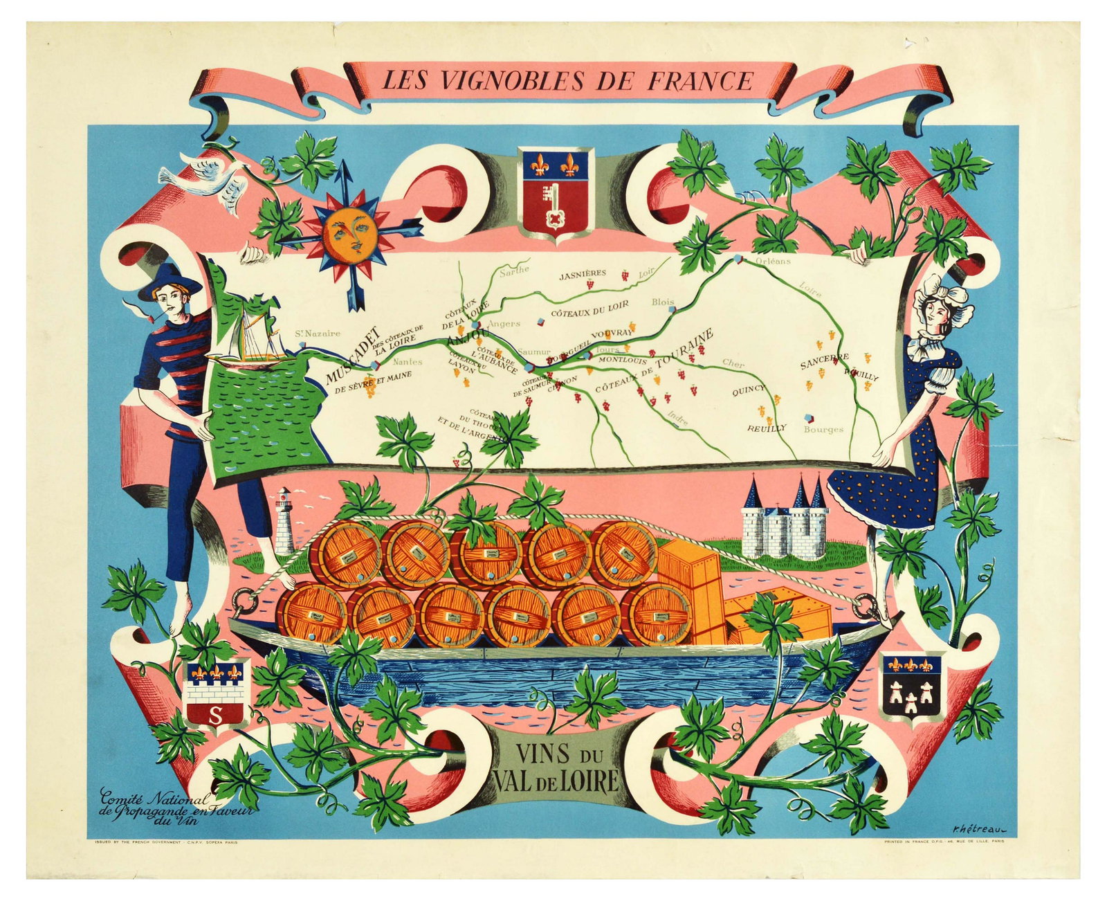 Advertising Poster French Vineyards Loire Valley Wine: Original vintage advertising poster promoting French wines, one of a series of posters issued by the French Governmentâ€™s Comite National de Propagande en Faveur du Vin - a national committee de