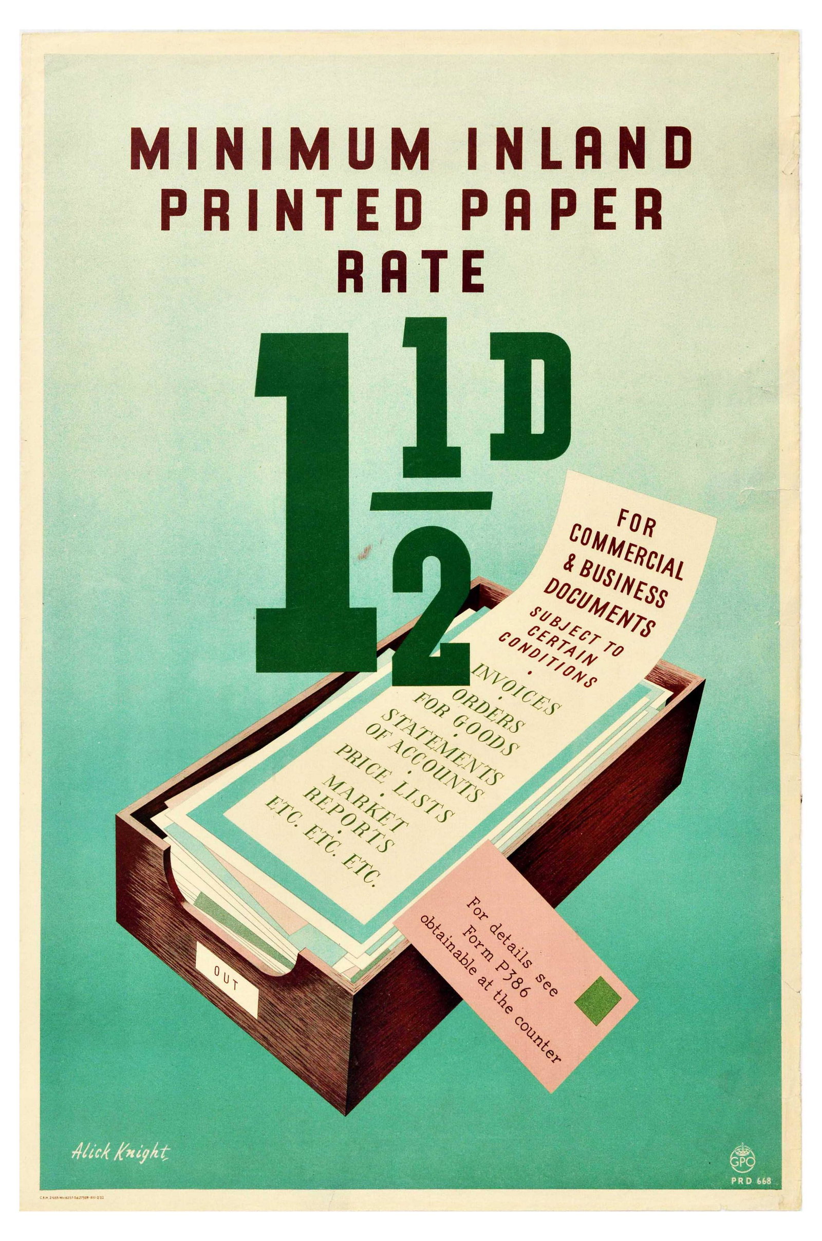 Advertising Poster Paper Rate Letter Announcement Alick: Original vintage post office advertising poster for Minimum Inland Printed Paper Rate 1 ½ D. For Commercial & Business Documents. Subject to certain conditions. Invoices. Orders for goods. Stat