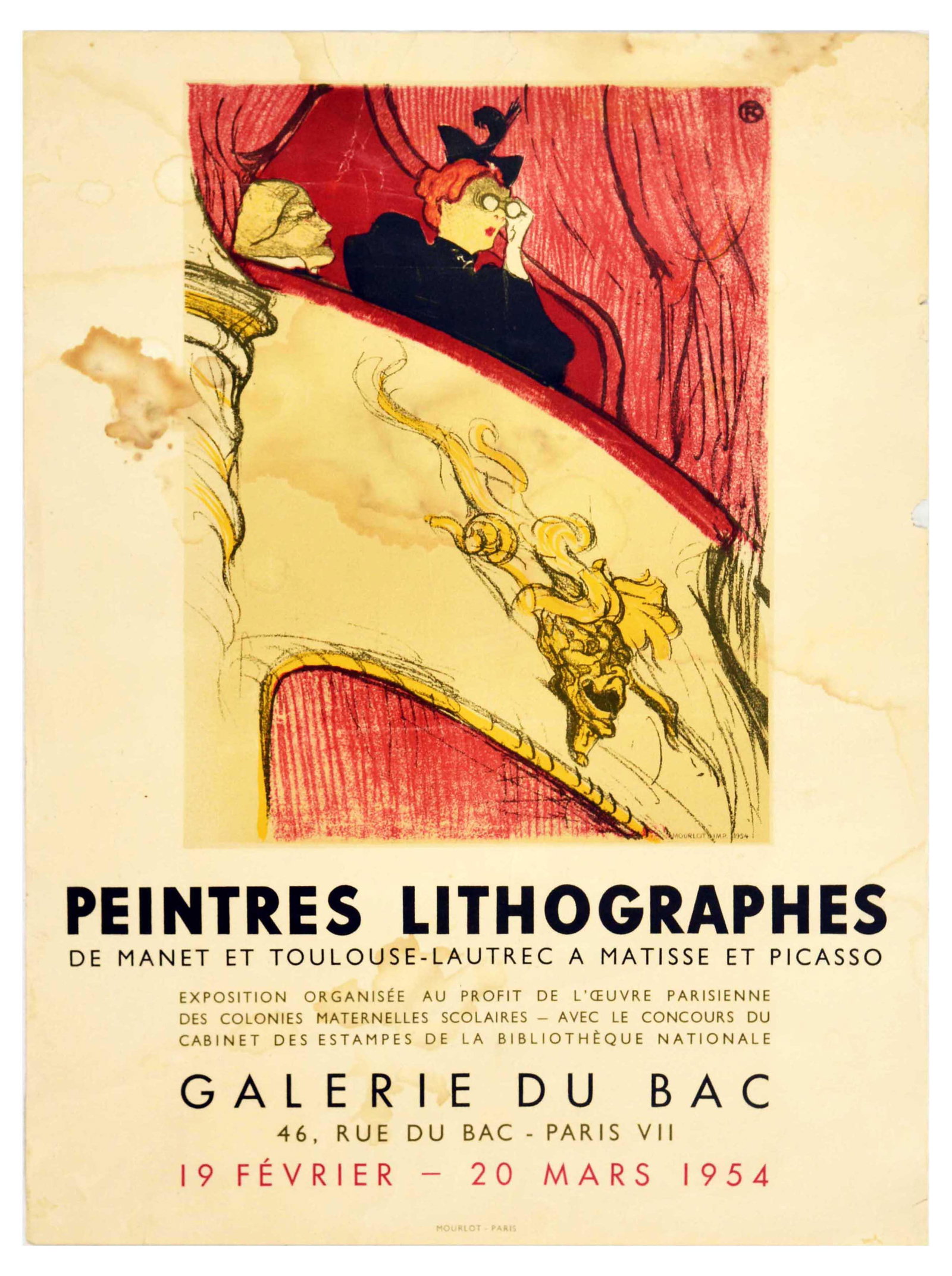 Advertising Poster Toulouse Lautrec Matisse Picasso: Original vintage exhibition poster for a Galerie du Bac exhibition of lithographs by Manet - Toulouse-Lautrec - Matisse - Picasso which was held 19 February to 20 March 1954. The poster features Henri