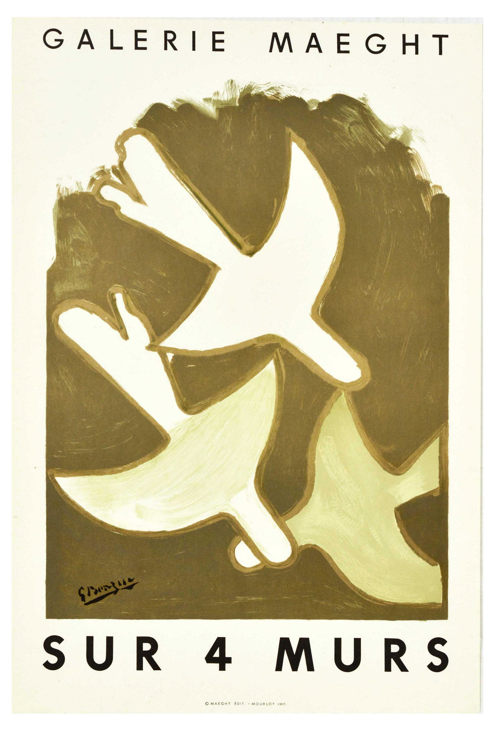 Advertising Poster Georges Braque Exhibition Art Dove: Original vintage poster features an image of 3 flying doves on a golden background. The poster is labelled On 4 Walls / Sur 4 Murs. This illustration was used to promote an exhibition of Georges Braqu