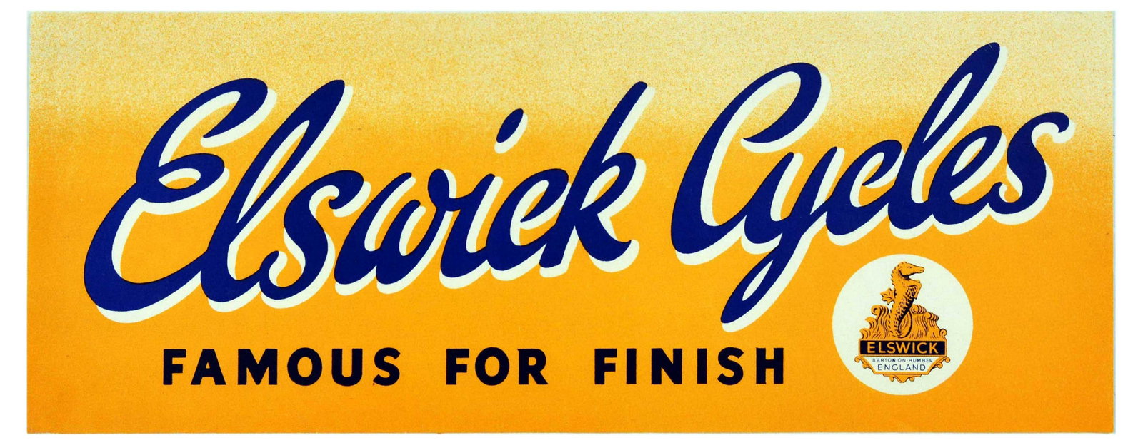Advertising Poster Elswick Cycles Bicycle Cycling Bike: Original vintage advertising poster for Elswick Cycles â€“ Famous For Finish, featuring stylised lettering set over an orange and yellow gradual background with the seahorse logo that reads â€