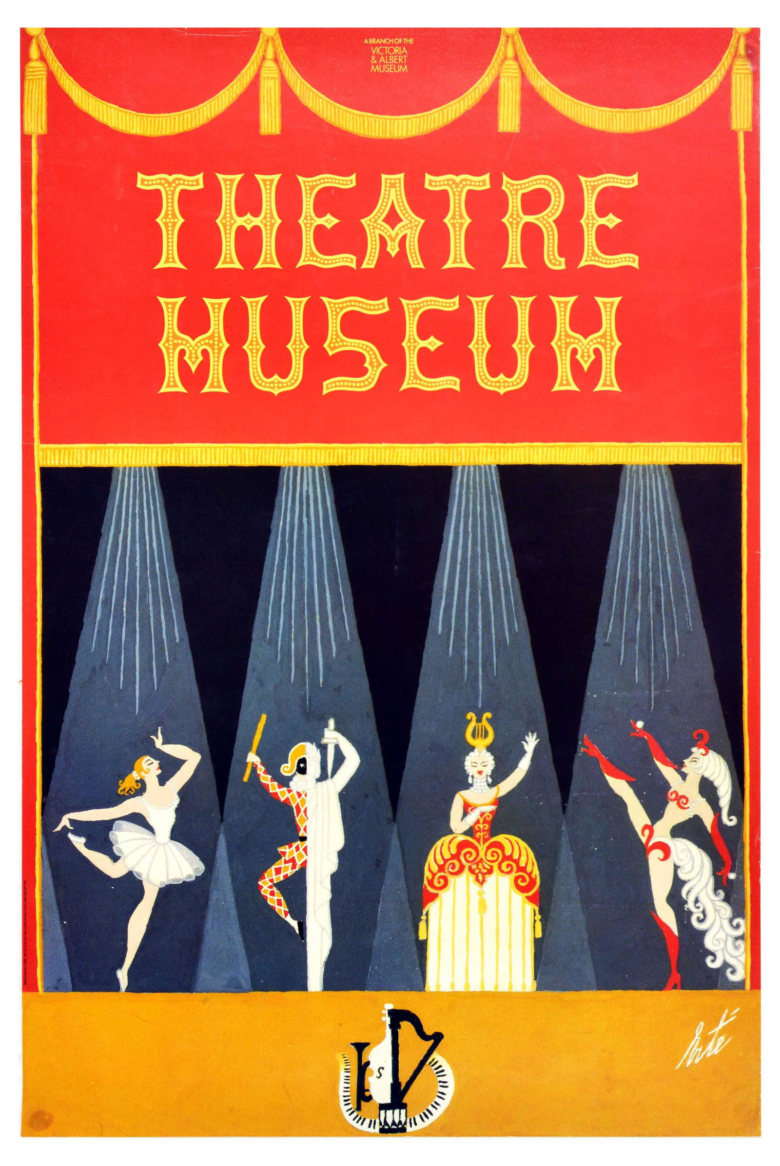Advertising Poster Erte Theatre Museum London Victoria: Original vintage travel poster for Theatre Museum a branch of the Victoria & Albert Museum, featuring a great illustration by a Russian-born French artist Erte (Romain de Tirtoff; 1892-1990) depicting