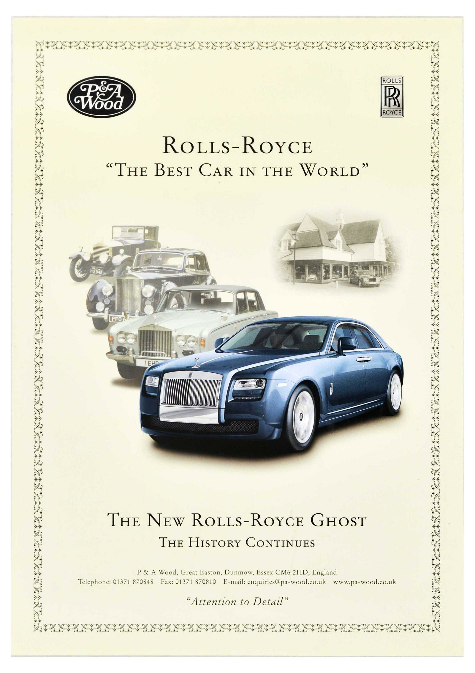 Advertising Poster Rolls Royce Ghost Best Car Luxury: Original vintage advertising poster by P&A Wood car dealership for Rolls-Royce - The Best Car in the World - The New Rolls-Royce Ghost. The History Continues. - featuring an illustration of Rolls-Royc