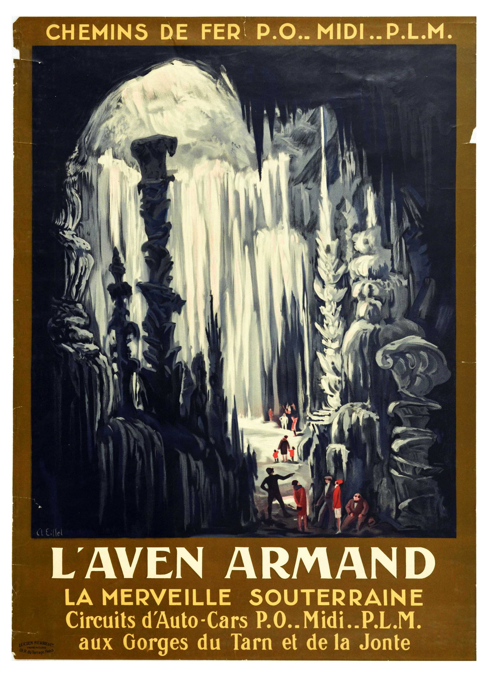 Travel Poster LAven Armand Cave Grotto Midi PLM Railway: Original vintage travel poster advertising Lâ€™Aven Armand, a cave located between Meyrueis and Sainte-Enimie in the LozÃ¨re province of France. Lâ€™Aven Armand is known for the tallest st