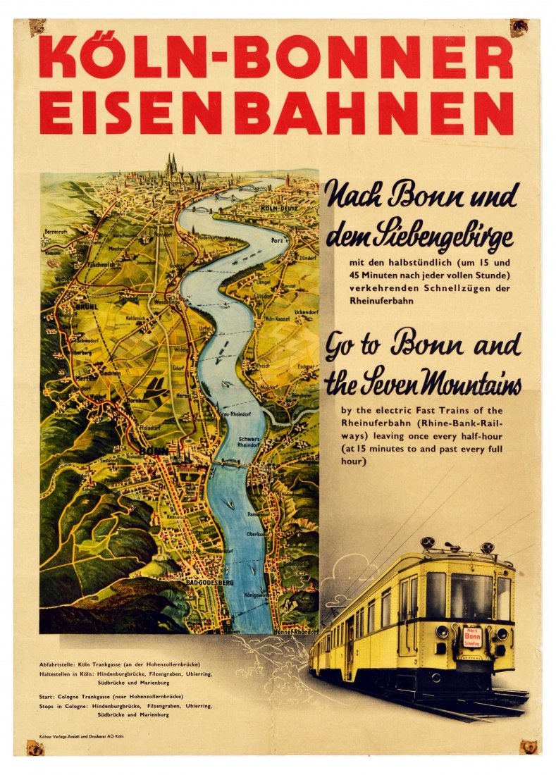 Travel Poster Cologne Bonn Railway Koln Bonner: Original vintage travel poster for Koln-Bonner Eisenbahnen Railways featuring a map of the area marking Bad-Godesberg, Bonn, Koln-Deusz and other towns and cities on the banks of Rhine river, with a r