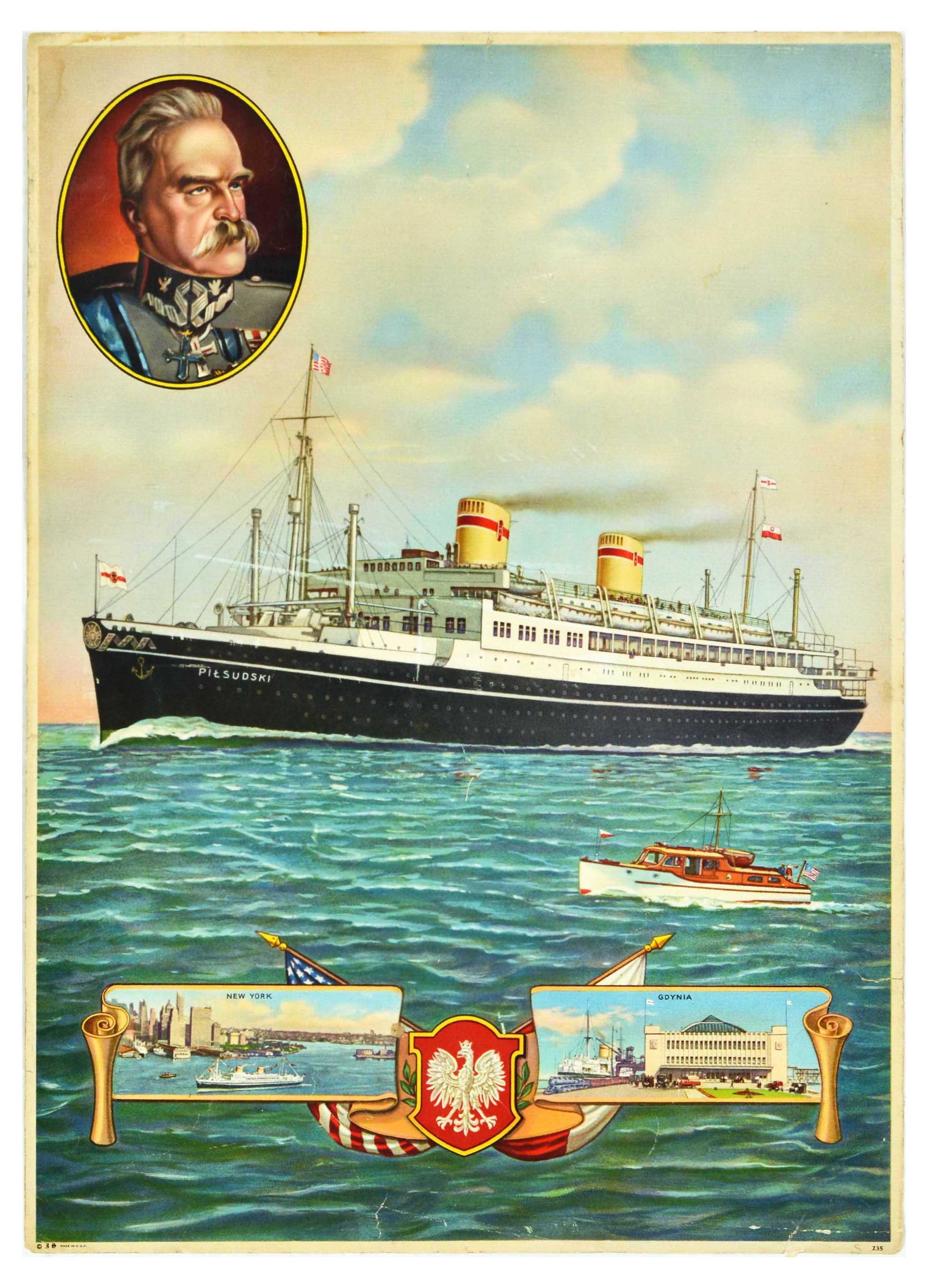 Travel Poster Pilsudski New York Gdynia Cruise Ship Sea: Original vintage travel poster featuring an illustration of an ocean liner MS Pilsudski, named after Marshal Jozef Pilsudski (1867-1935), portrayed above the ship, serving the trans-Atlantic route fro