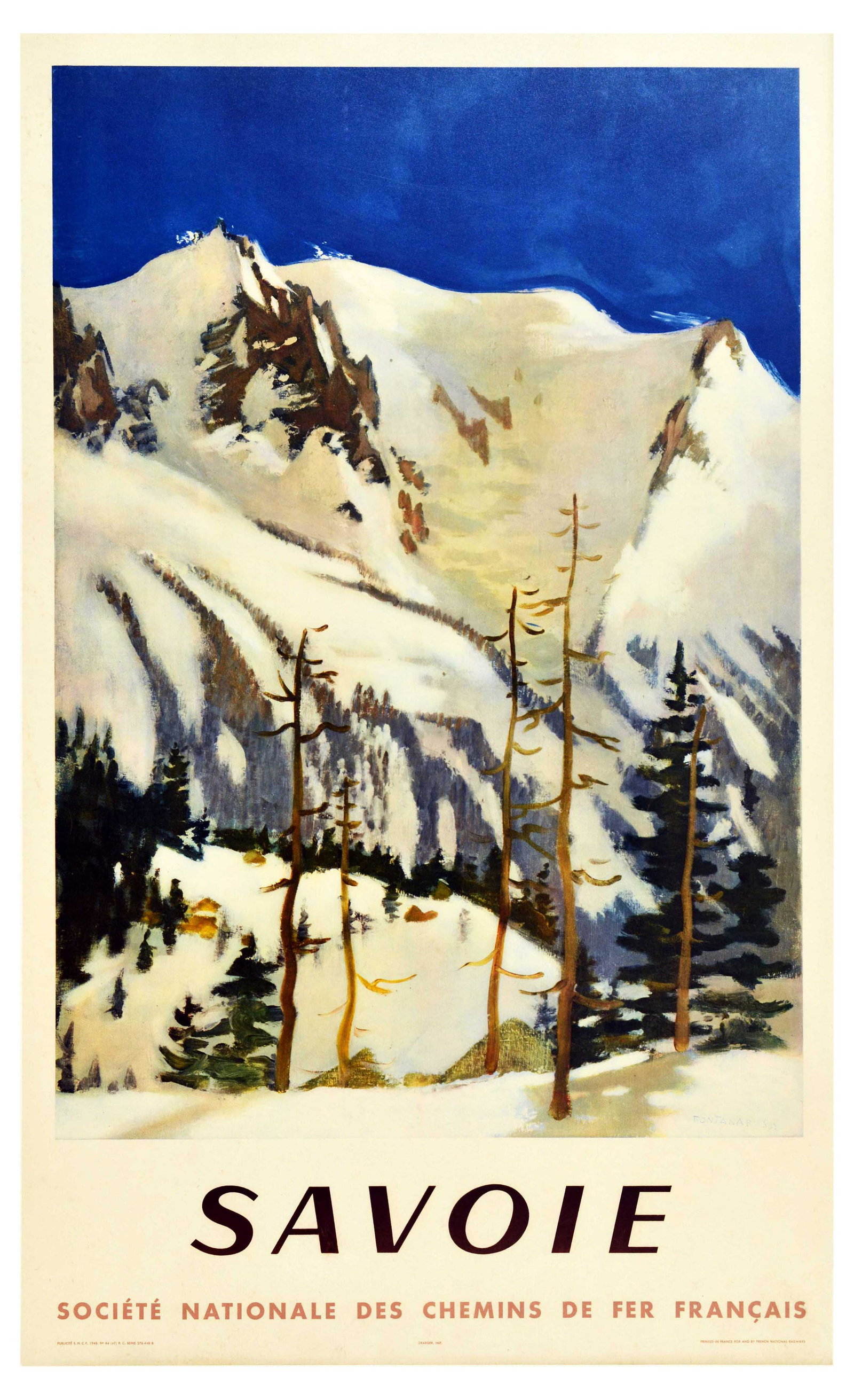 Travel Poster Savoie French Alps Mountains Savoy Skiing: Original vintage travel poster advertising the Savoy region in France. The poster features an illustration of the beautiful Savoy landscape in the snowy French Alps. The mountains dominate the frame w