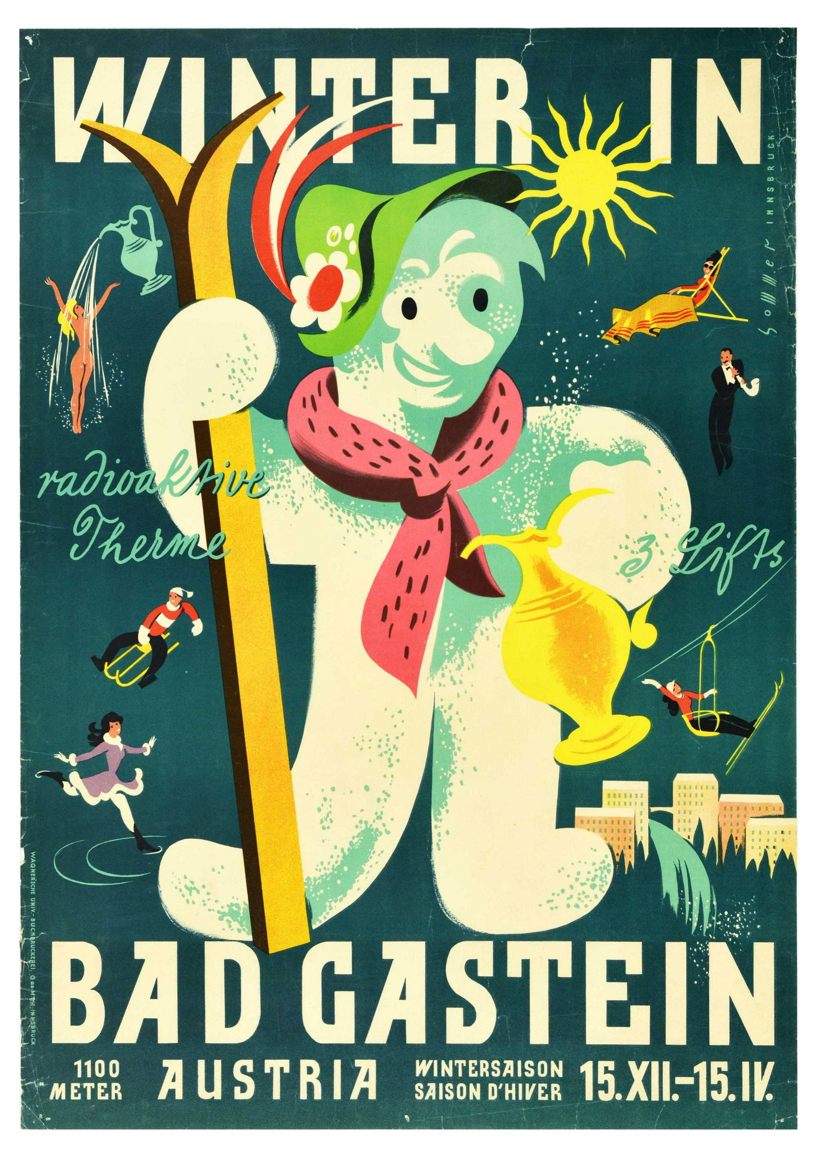 Sport Poster Ski Austria Winter Badgastein Spa Resort: Original vintage travel poster promoting a ski resort and winter sport destination - Winter in Badgastein Austria - Fun illustration of a snowman holding skis in one hand and a spa jug in the other wi