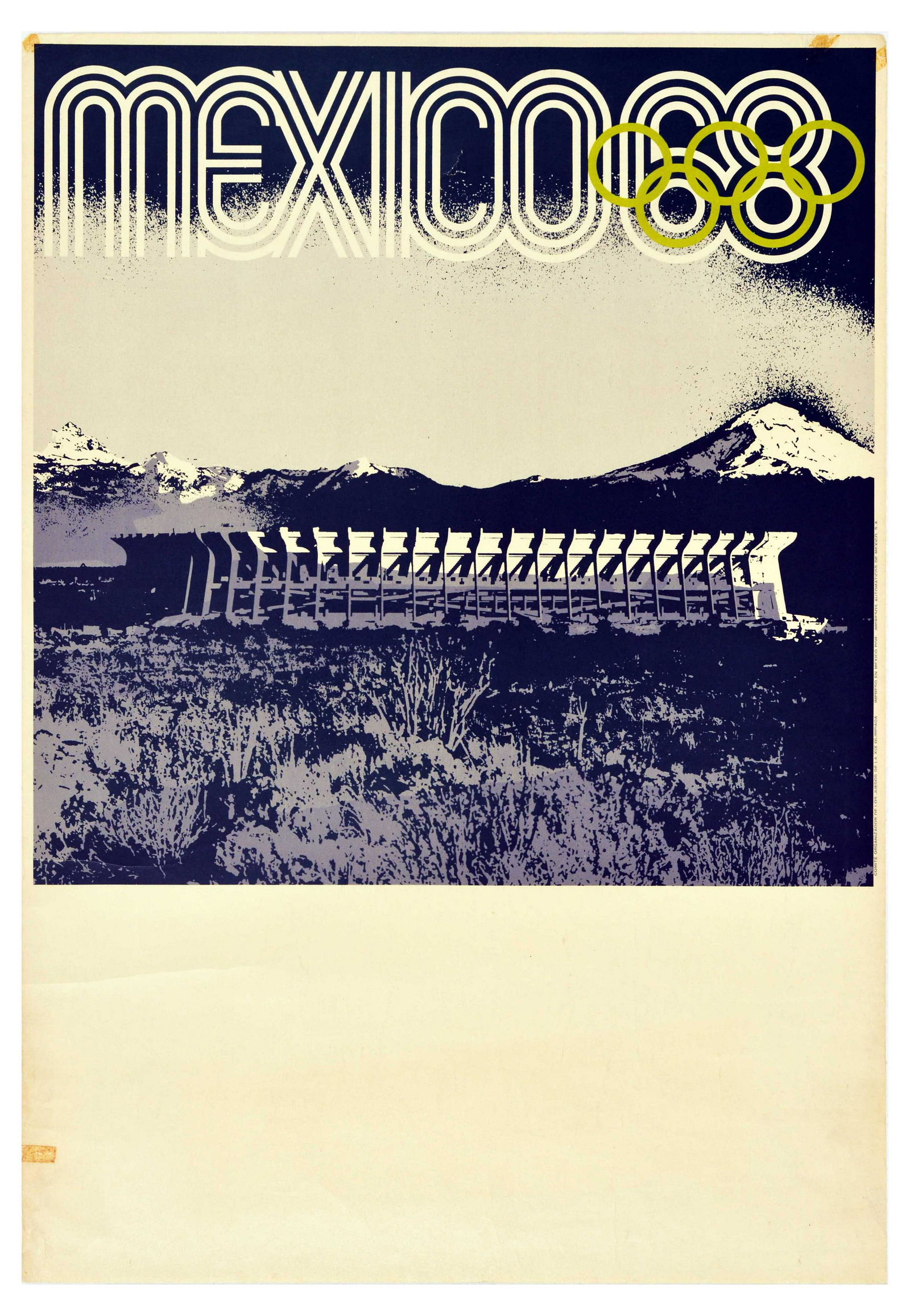 Sport Poster Mexico 1968 Olympic Games Stadium: Original vintage sport poster for the Olympic Games in 1968 held in Mexico. The poster features the Olympic stadium erected for the XIX Olympiad with a stylised title at the head of the poster â€œ