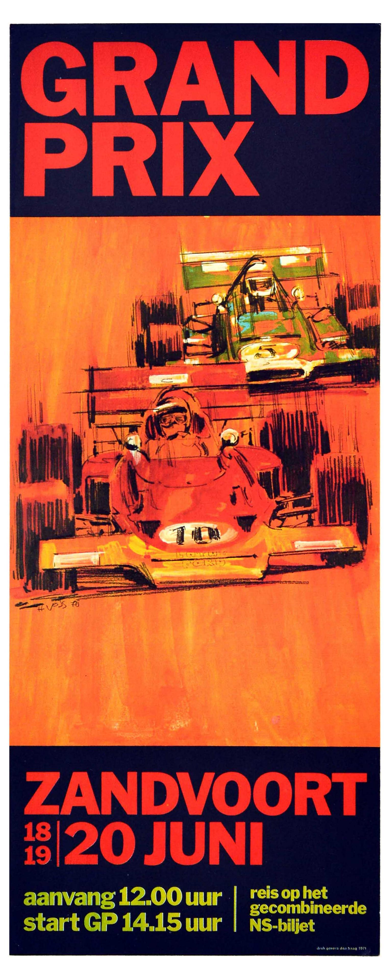 Sport Poster F1 Dutch Grand Prix Racing Zandvoort Ickx: Original vintage Formula One motorsport poster for the 1971 Dutch Grand Prix held from 18 to 20 June at the Zandvoort racing circuit featuring a dynamic illustration of a red F1 racing car with number