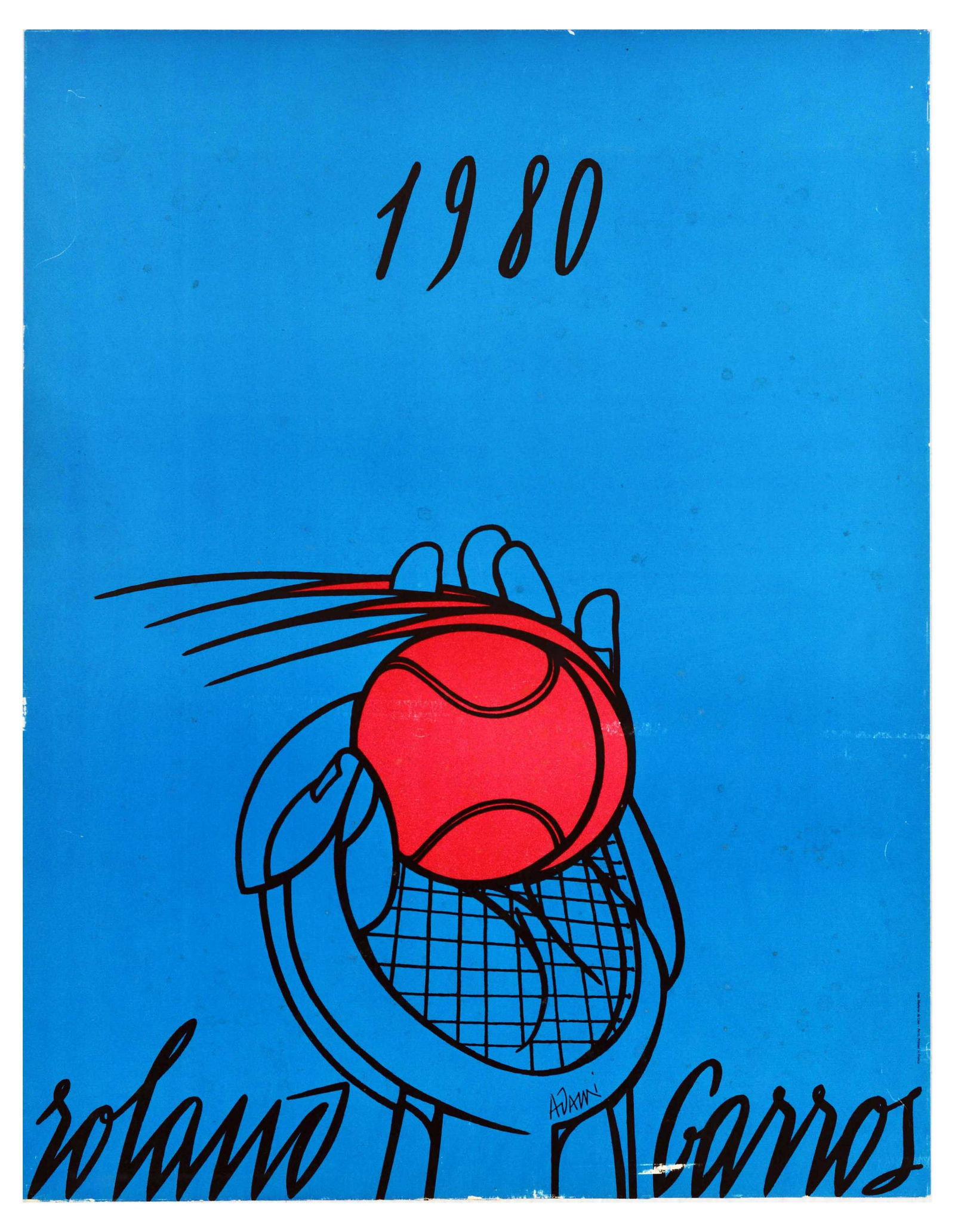 Sport Poster Roland Garros 80 Tennis Grand Slam: Original vintage sports poster for the 1980 Roland Garros grand slam tennis tournament - Design by Valerio Adami (b.1935) features an amalgamation of a red ball, racket and tennis player's hand on a b