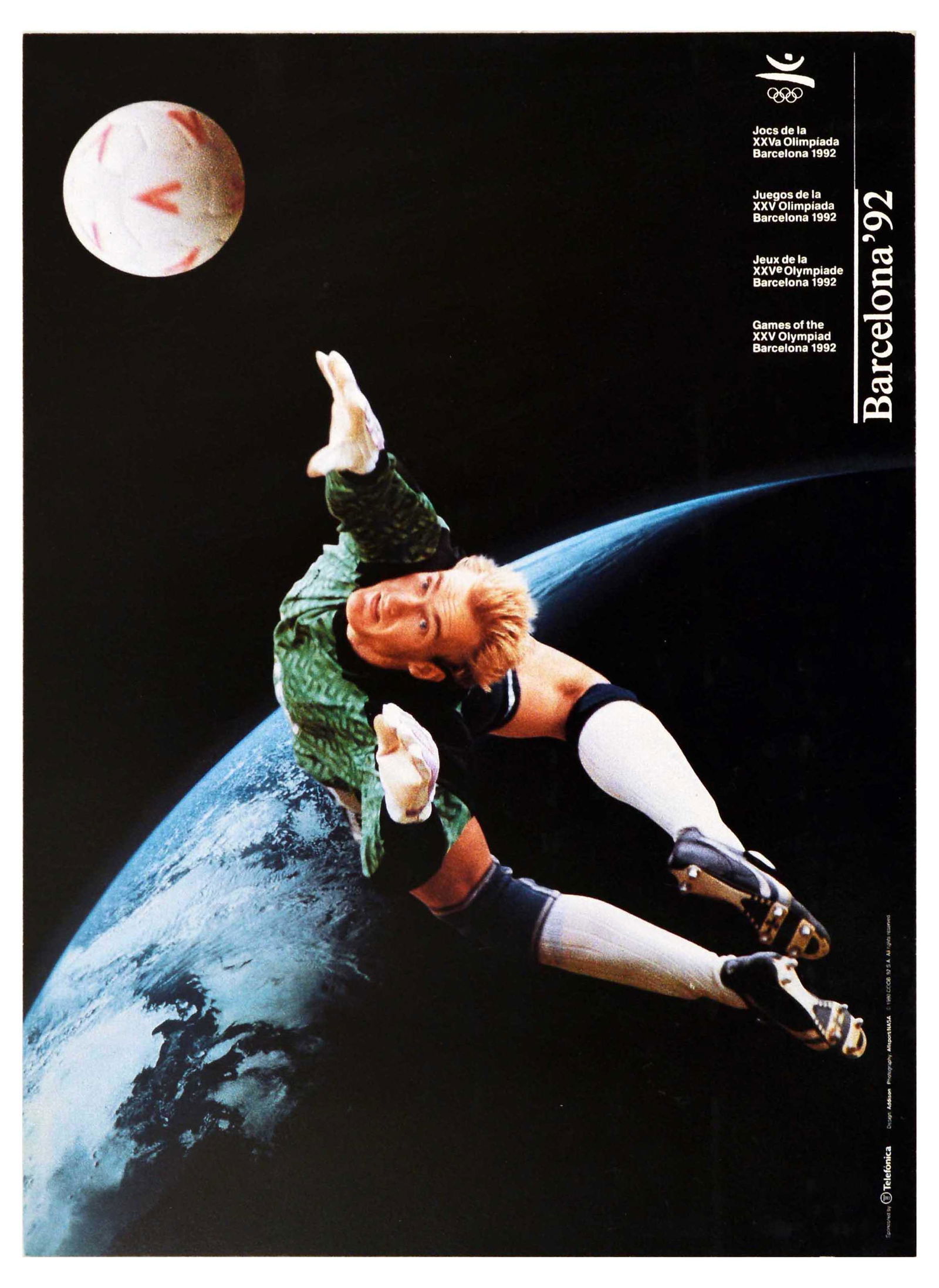 Sport Poster Barcelona Olympics 1992 Football: Original vintage sports poster for Barcelona '92 Games of the XXV Olympiad Barcelona 1992 featuring a photo collage of a football goalkeeper jumping to catch the football superimposed over a photograp