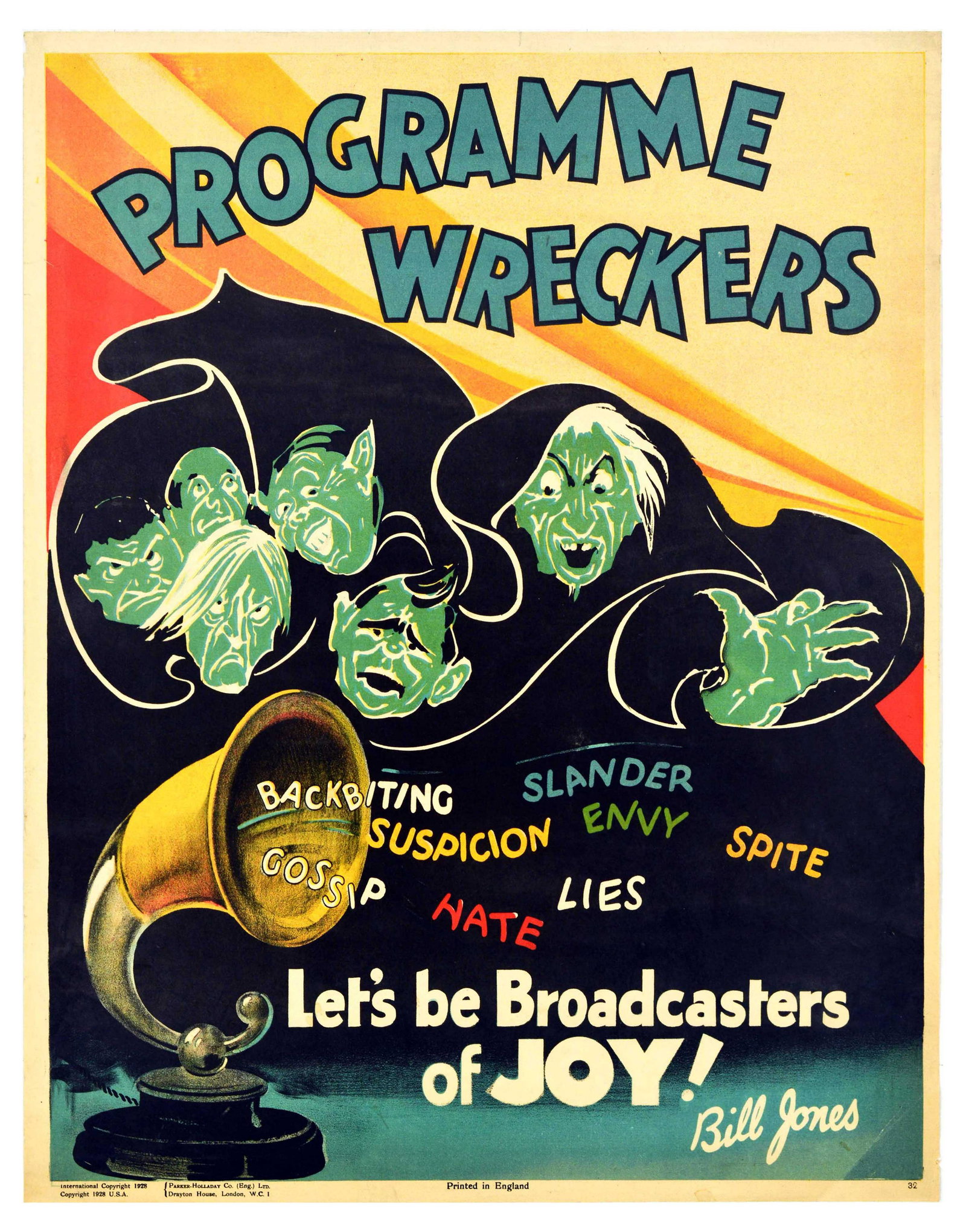 Propaganda Poster Bill Jones Programme Wreckers Gossip: Original vintage motivational propaganda poster captioned - Programme wreckers. Let's be Broadcasters of Joy! Bill Jones. - features an illustration of ghoulish witch and beast looking people in black