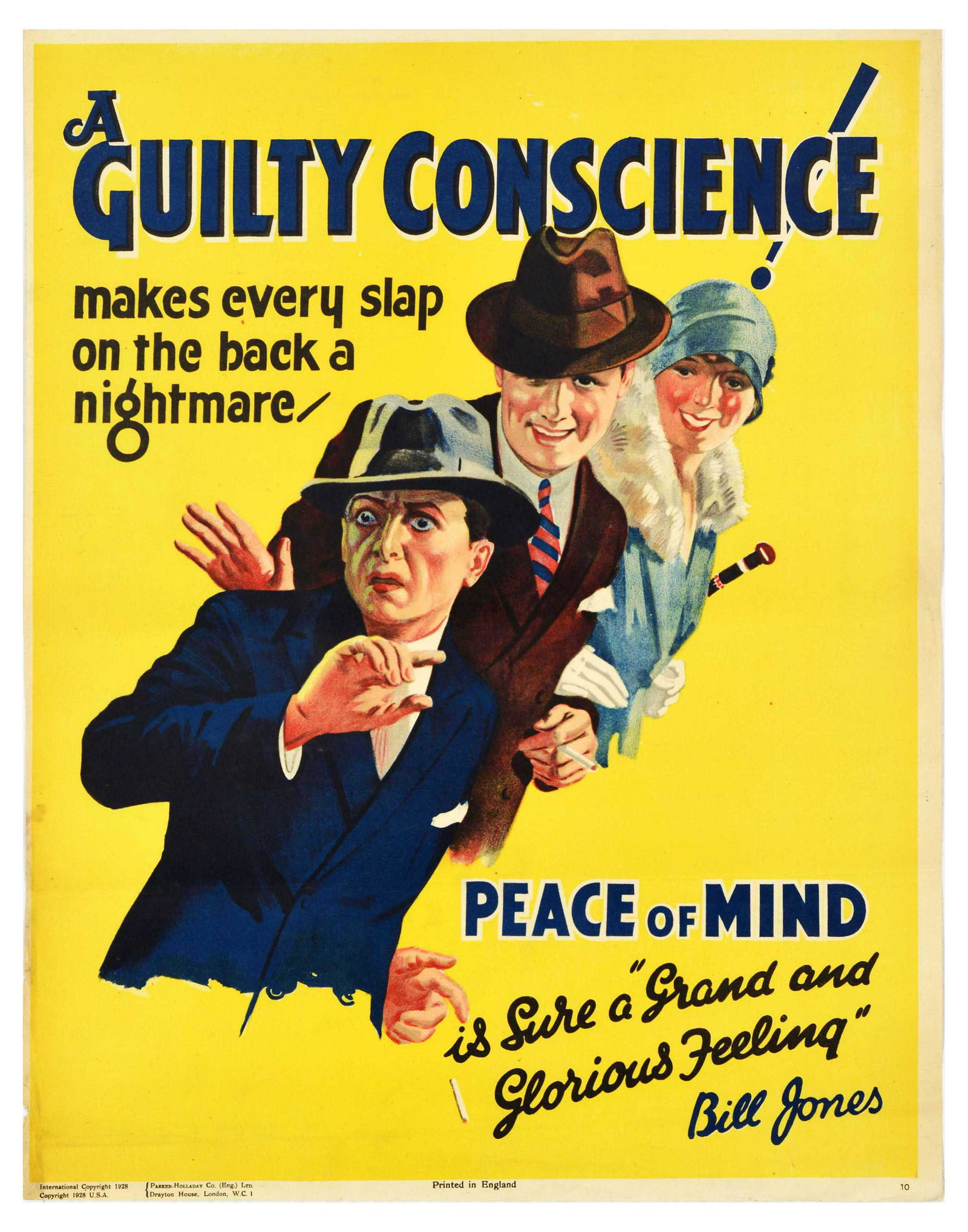Propaganda Poster Bill Jones Guilty Conscience: Original vintage motivational propaganda poster captioned - A guilty conscience makes every slap on the back a nightmare. Peace of mind is sure a grand and glorious feeling. Bill Jones. - featuring an