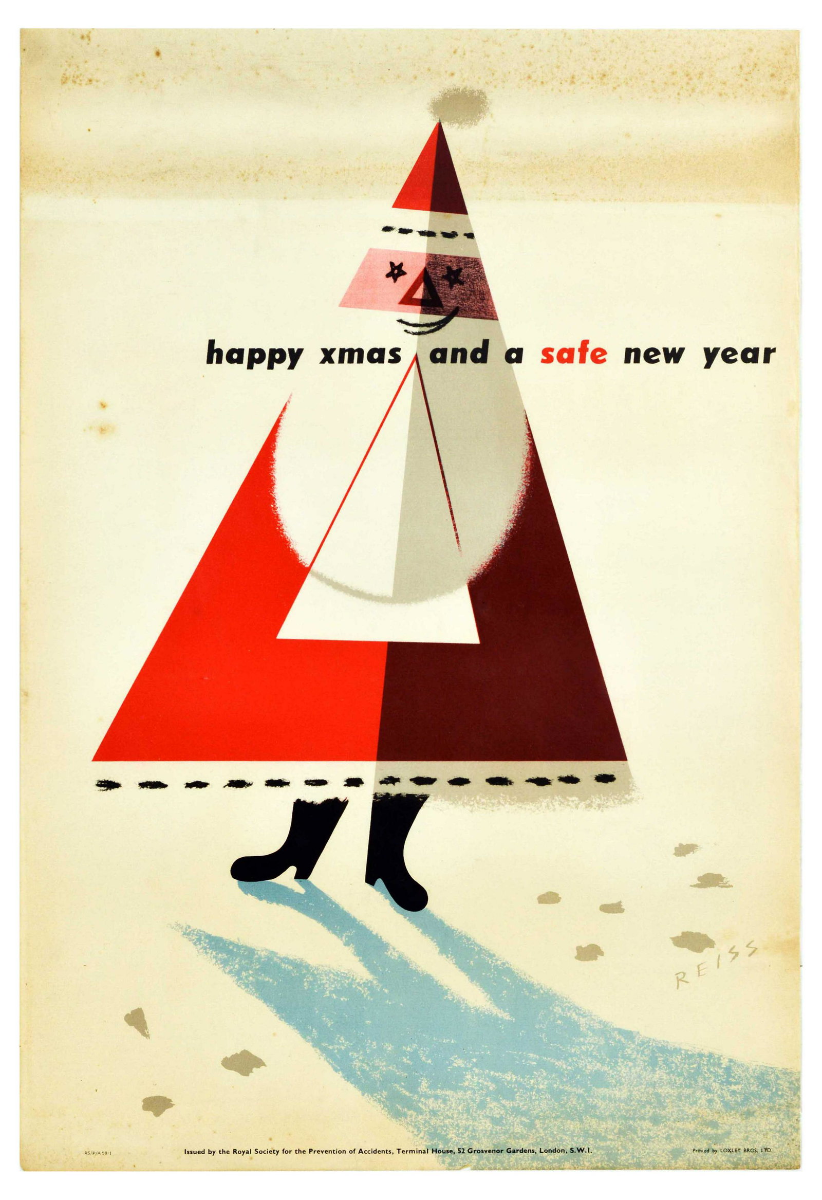 Propaganda Poster Santa Claus ROSPA Midcentury Modern: Original vintage road safety poster - happy xmas and a safe new year - issued by the Royal Society for the Prevention of Accidents ROSPA featuring a fun and colourful mid-century illustration by the g