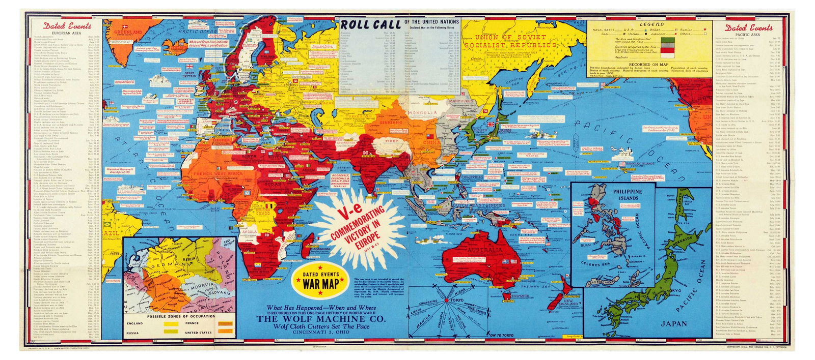 War Poster Victory in Europe WWII Map Occupation: Original vintage World War Two poster featuring dated events war map Commemorating Victory in Europe marking USA, British, Russian, Nazi, Italian and Japanese naval bases, the Axis countries, pre-war
