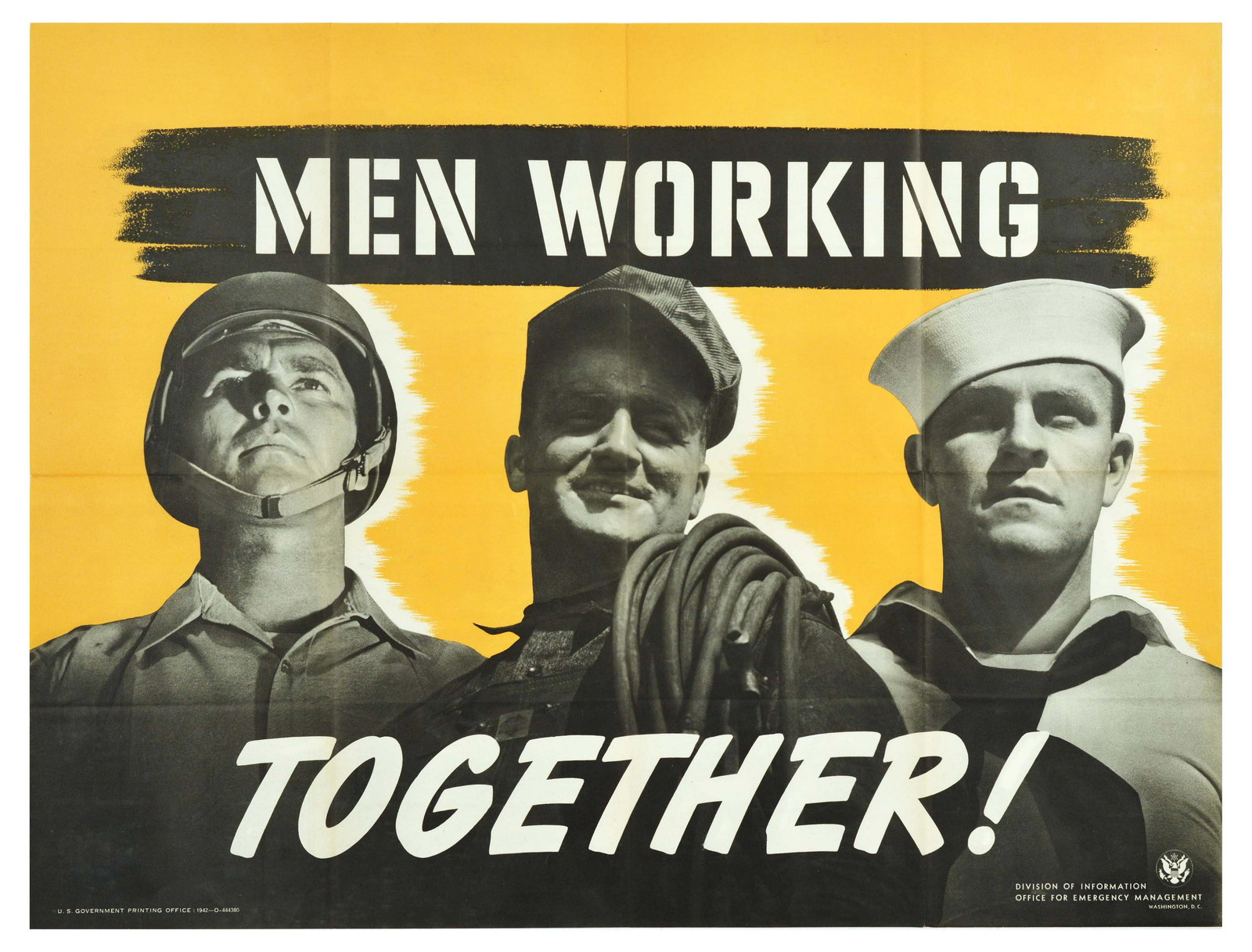 War Poster Men Working Together Home Front USA WWII: Original vintage World War Two poster - Men Working Together! - featuring a US Army soldier and Navy sailor in military uniform standing behind a smiling factory worker with rubber pipes over his shou
