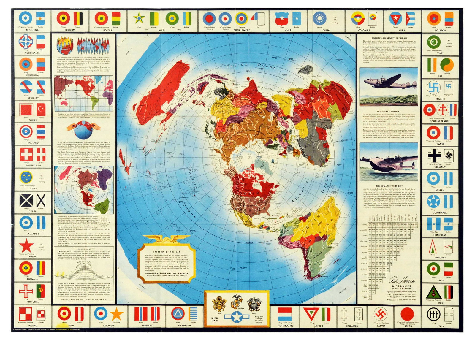War Poster WWII Freedom of the Air Alcoa Global Map USA: Original vintage poster map issued by the Alcoa in the USA to promote the role of aluminium in production of airplanes. This map is double-sided showing the map of the world with national airplane mar