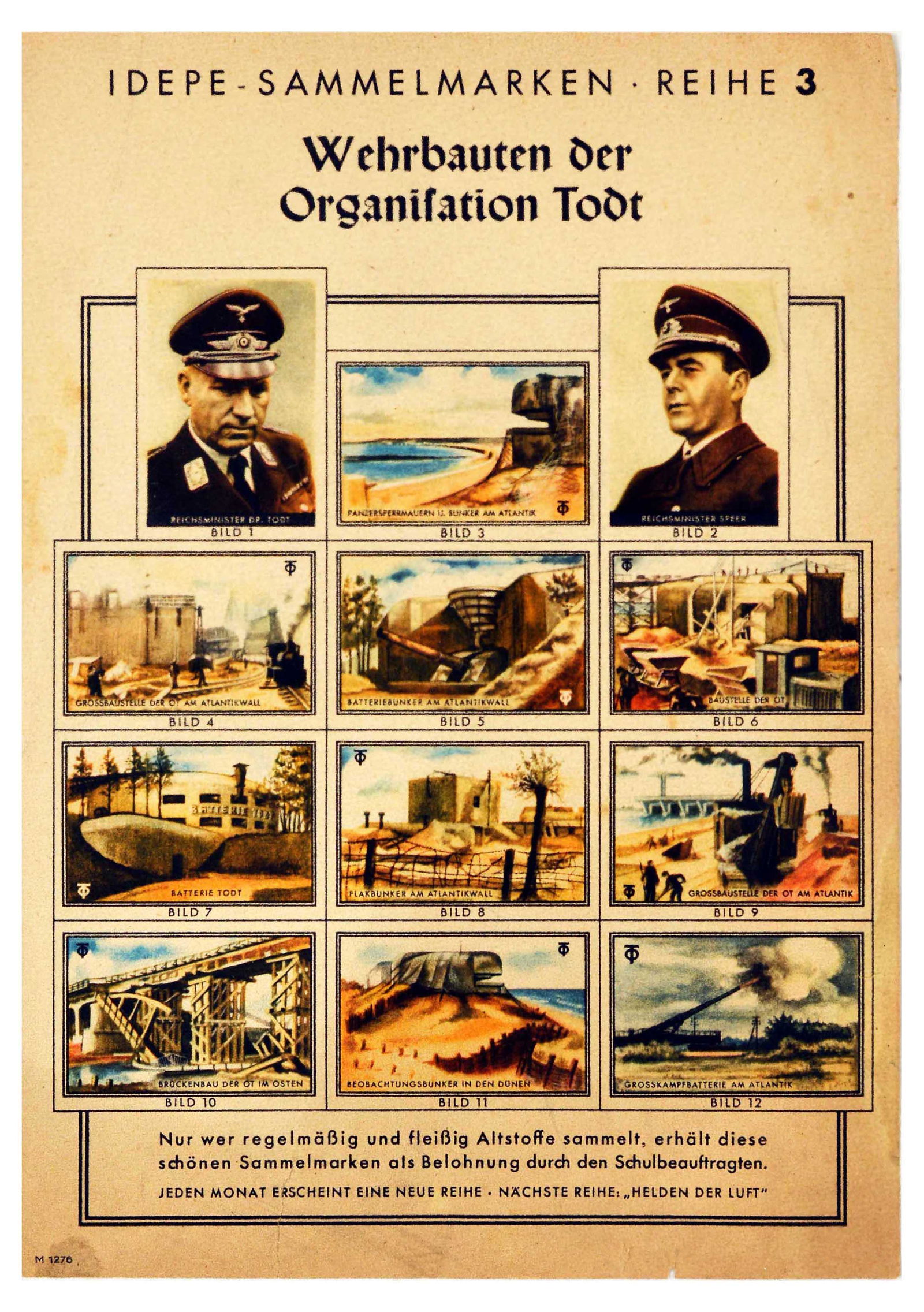 War Poster Altantic Wall Nazi Germany WWII Defensive: Original vintage World War Two propaganda stamps series poster Idepe-Sammelmarken Reihe 3 / Collector's Stamps Series 3, featuring twelve images depicting the Defence Structures of the Todt Organisati