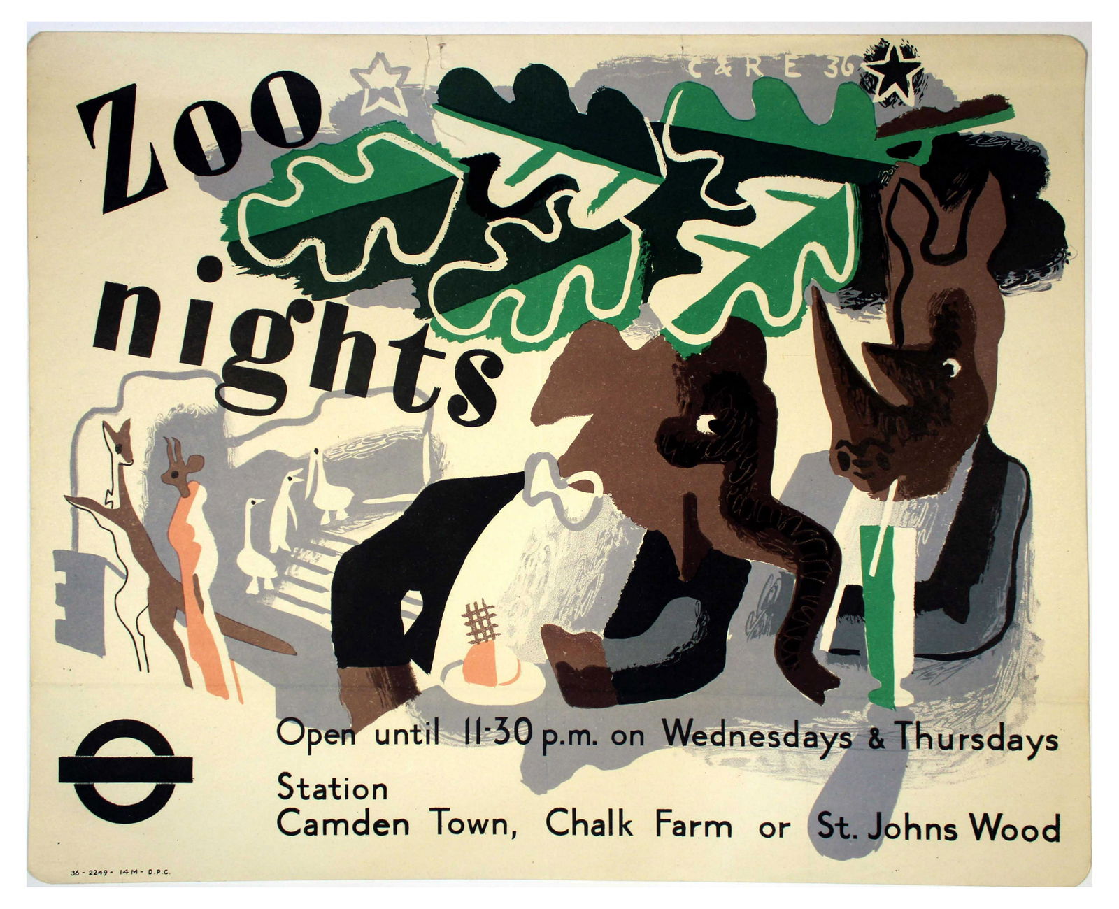 London Underground Poster Clifford Rosemary Ellis Zoo: Original vintage London Transport poster advertising Zoo Nights at London Zoo - Open until 11.30pm on Wednesdays and Thursdays - Design by Clifford Ellis and Rosemary Ellis features an Elephant in a t