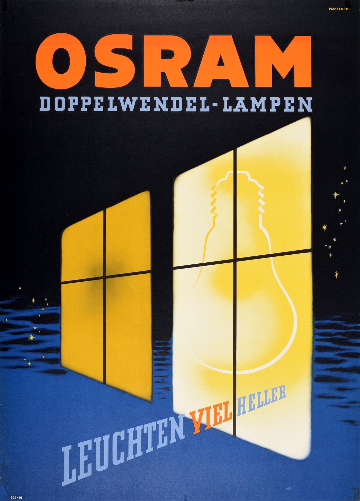 Art Deco Poster Osram Light Bulbs: Original antique advertising poster for Osram double filament lamps Shine much brighter / Osram Doppelwendel-Lampen Leuchten Viel Heller featuring a colourful stylised design showing the outline of a