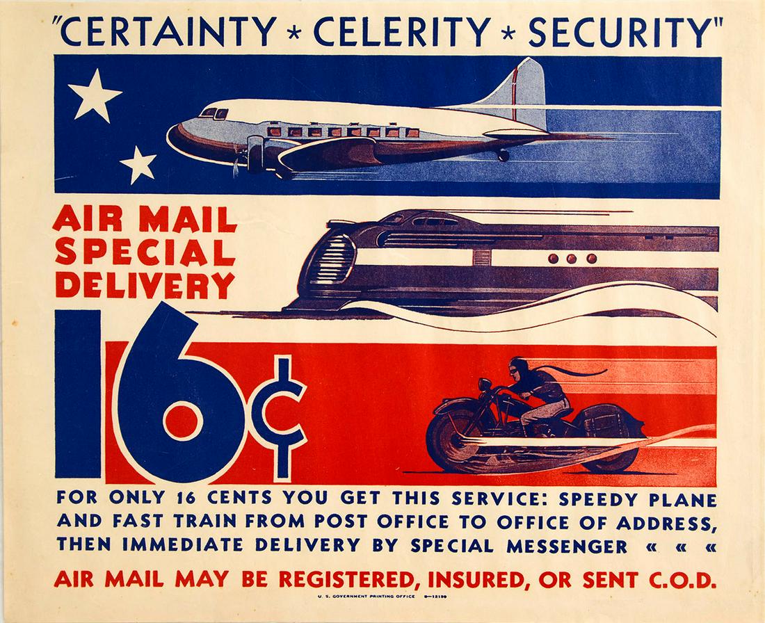 Art Deco Poster Air Mail Special Delivery Postal: Original vintage advertising poster for Air Mail Special Delivery "Certainty Celerity Security" 16c featuring a great design on horizontal lines depicting a plane flying at speed towards white stars a