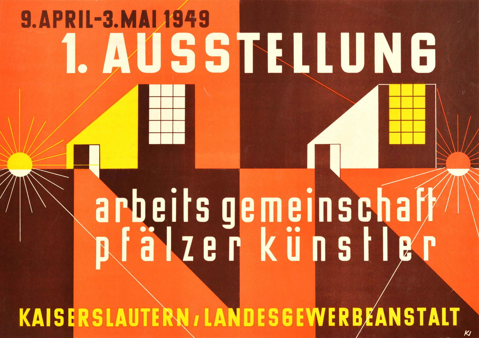 Midcentury Modern Poster Palatinate Artists Working: Original vintage advertising poster for the 1st exhibition of the Palatinate Artists Working Group at the Kaiserslautern State Trade Institute held from 9 April to 3 May 1949 / 1 Ausstellung Arbeits G