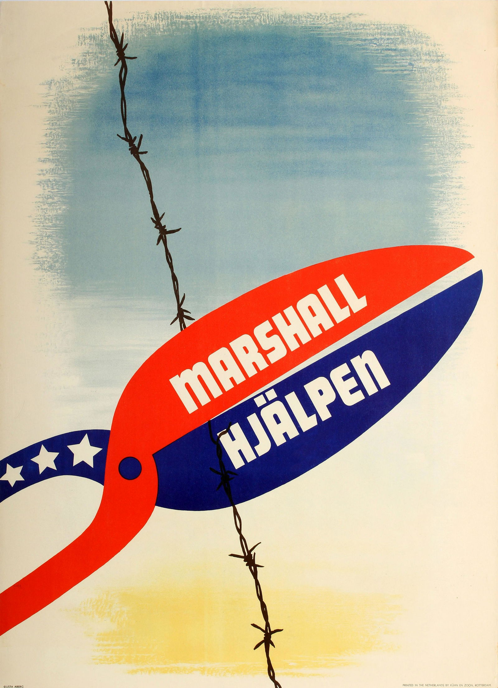 Modernist Poster ERP Europe Marshall Plan Help: Original vintage propaganda poster for the post-war US sponsored European Recovery Program (1948) known as the Marshall plan - Marshall Help / Marshall Hjalpen. Colourful design by Gusta Aberg depicti