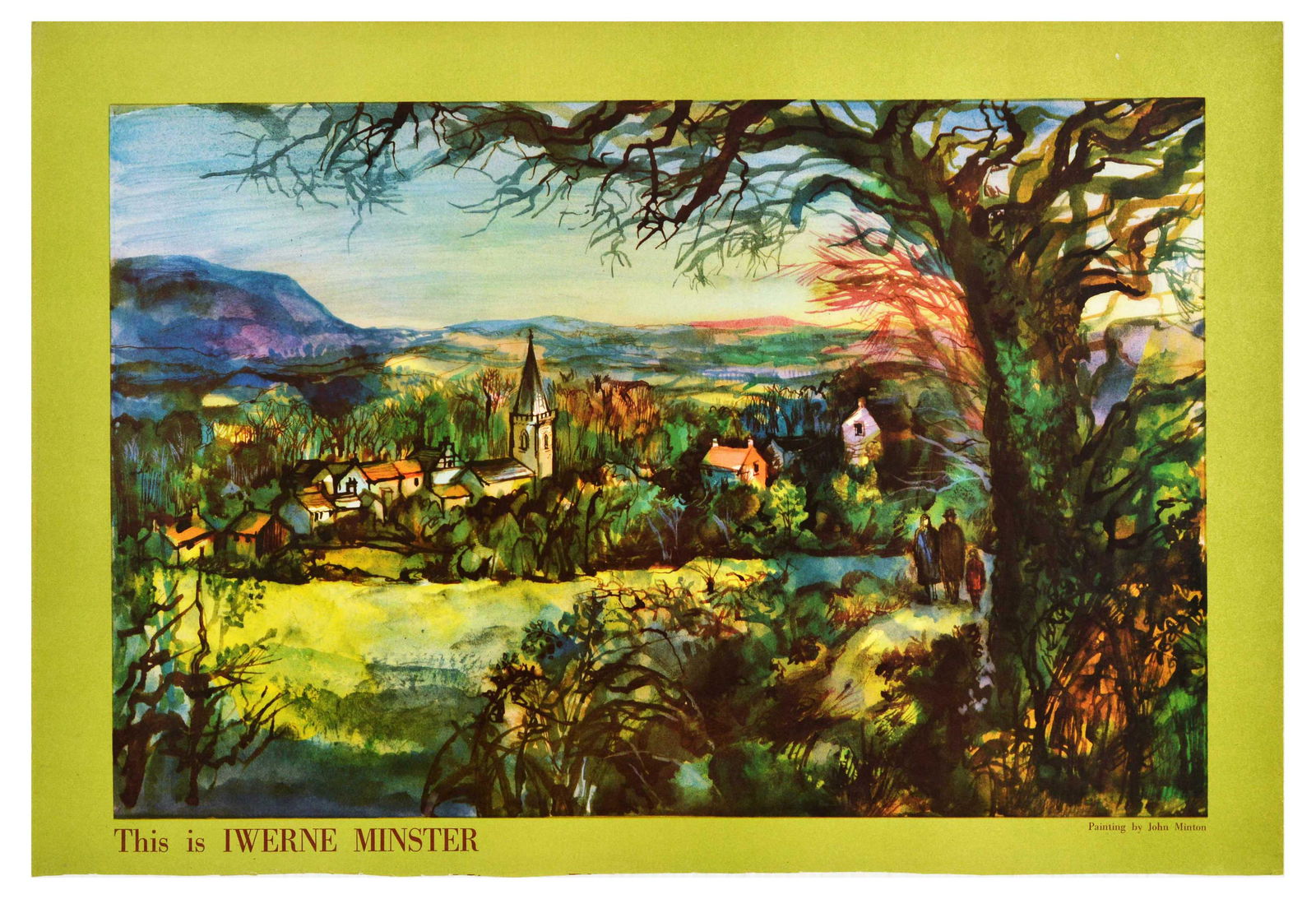 Advertising Poster Iwerne Minster Dorset Post Office John Minton: Original vintage advertising poster issued by the General Post Office to encourage public to use the correct postal address featuring an artwork by John Minton (1917-1957) featuring a view of Iwerne M