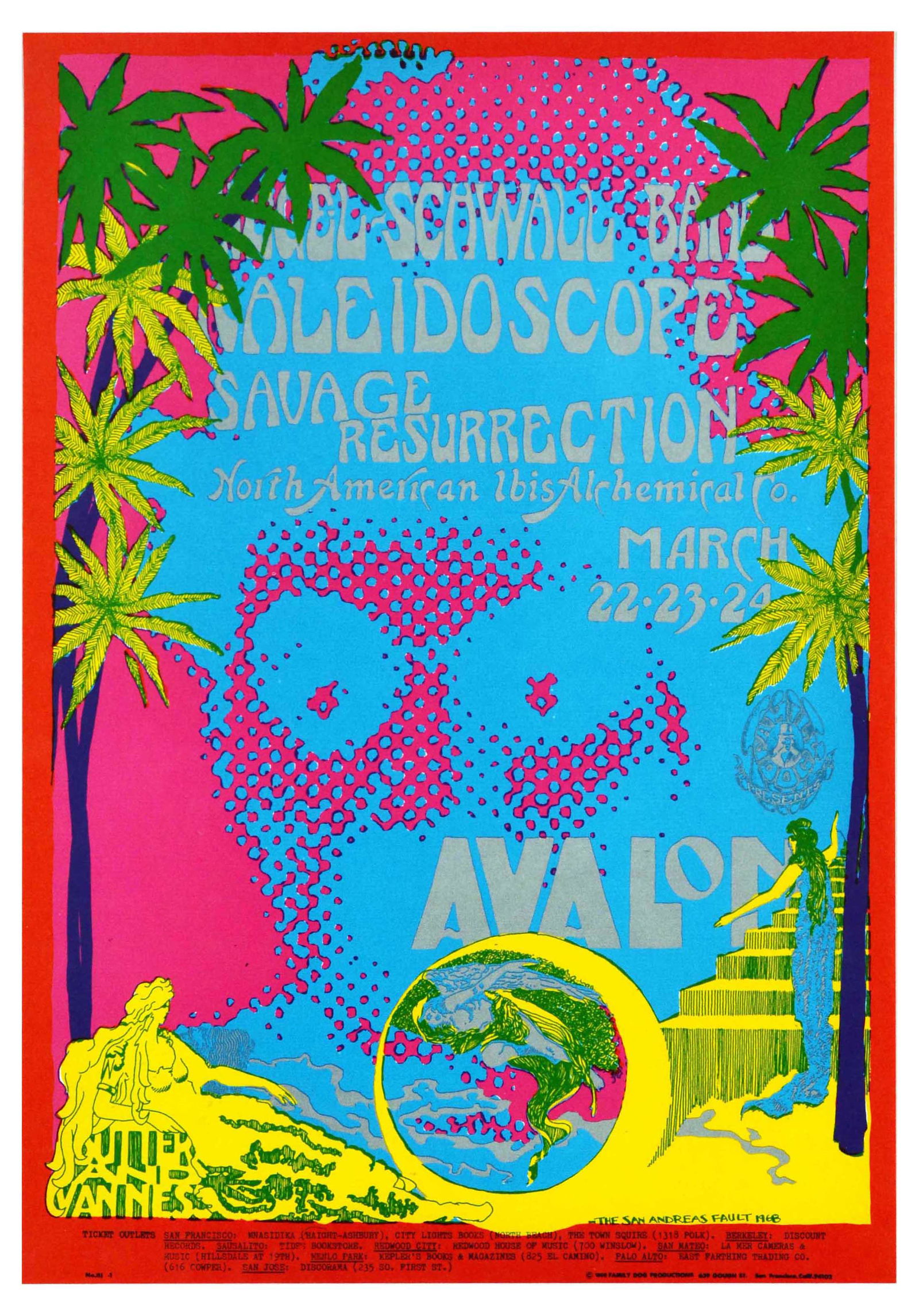 Advertising Poster Siegel Schwall Kaleidoscope Savage Resurrection Avalon Ballroom Psychedelic: Original vintage advertising poster for a concert at Avalon Ballroom, Family Dog presents Siegel Schwall Band, Kaleidoscope, Savage Resurrection, featuring a psychedelic illustration of a mans face in