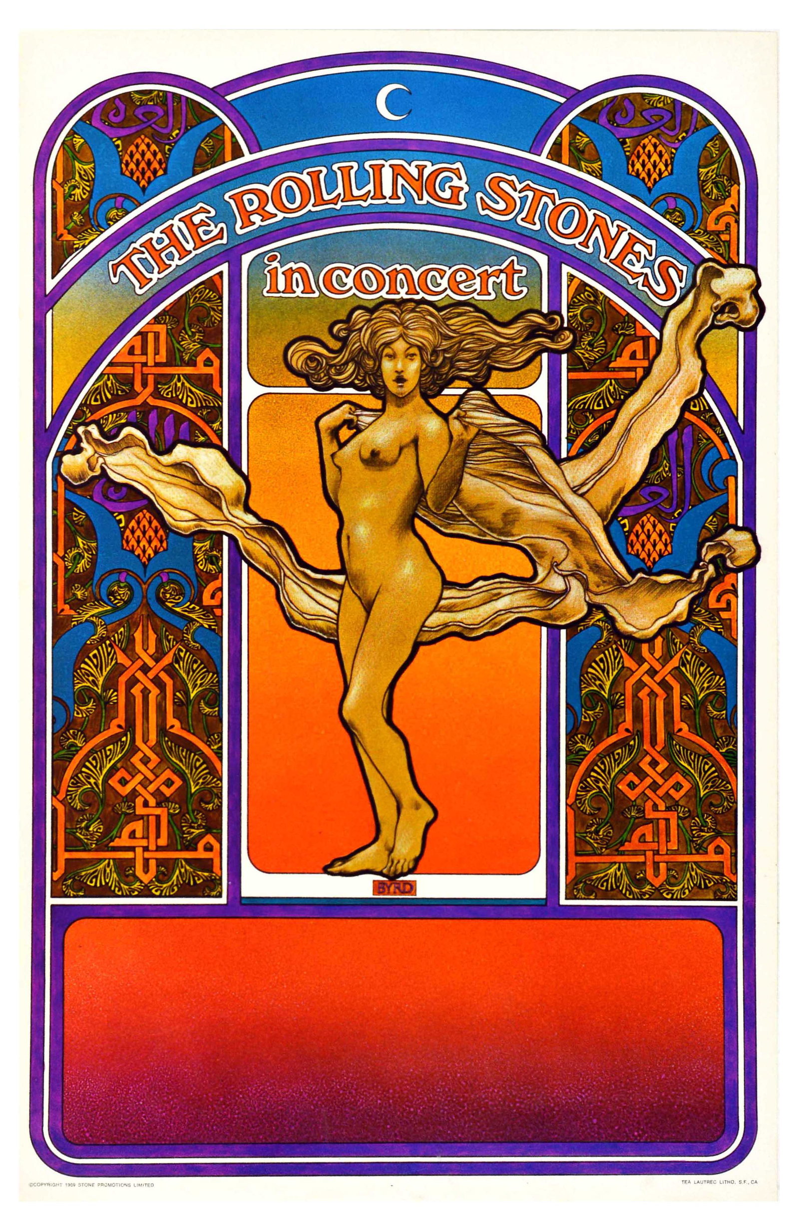 Advertising Poster Rolling Stones in Concert David Byrd: Original vintage Rolling Stone tour poster by notable pop-artist David Byrd. This vibrant image pays homage to the art nouveau style with an Islamic motif and offers an expressive variation on the the
