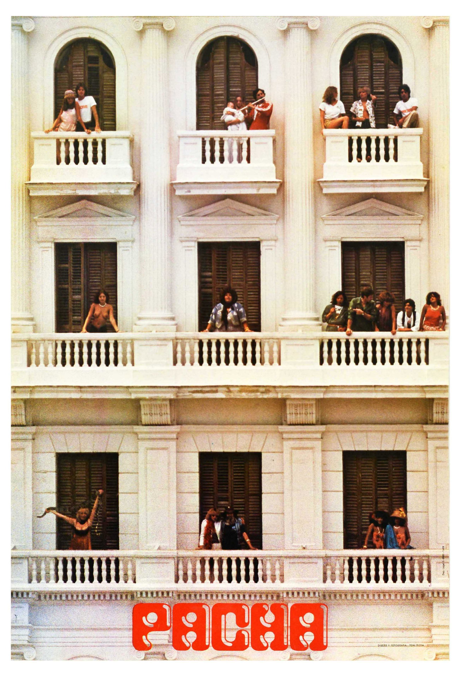 Advertising Poster Ibiza Pacha Nightclub Disco Hotel Building: Original vintage advertising poster Pacha, featuring a photograph of young ladies and gentlemen, couples with children, nude lady, standing in the balconies of a hotel building with columns on the fac
