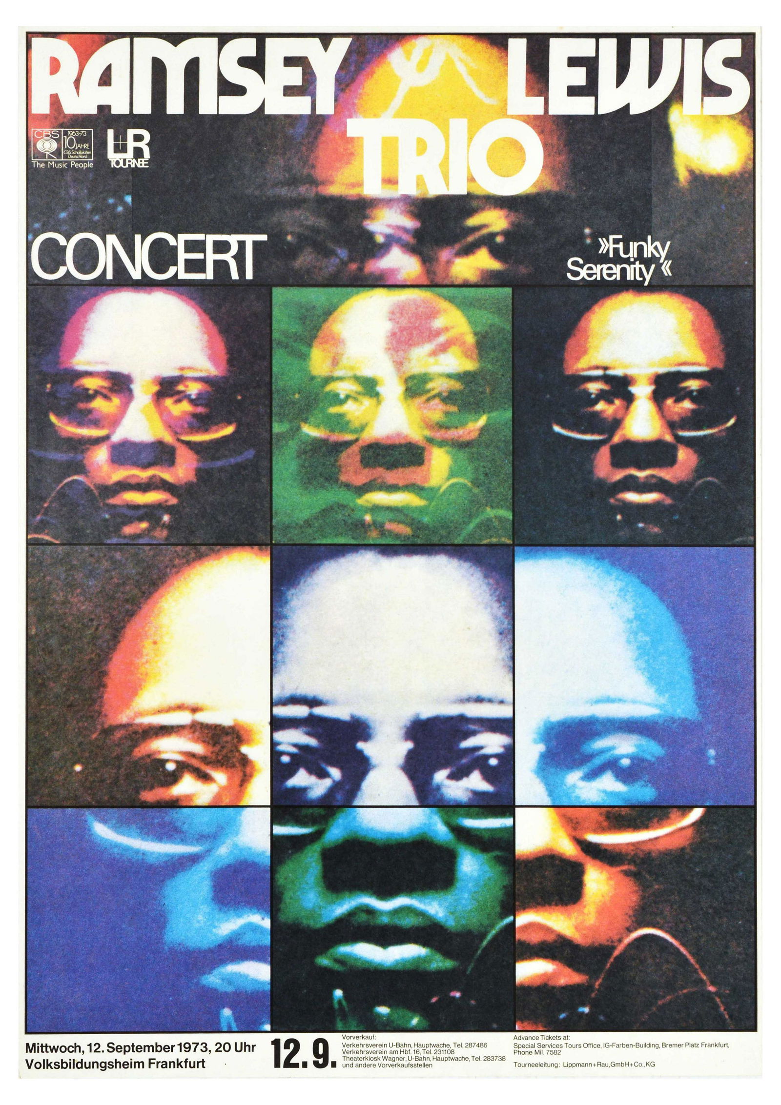 Advertising Poster Ramsey Lewis Trio Jazz Piano Music Concert: Original vintage advertising poster Ramsey Lewis Trio concert Funky Serenity 12 September 1973 in Frankfurt, featuring a collage made from Ramsey Lewis photographs in yellow, green, brown and blue. Ra