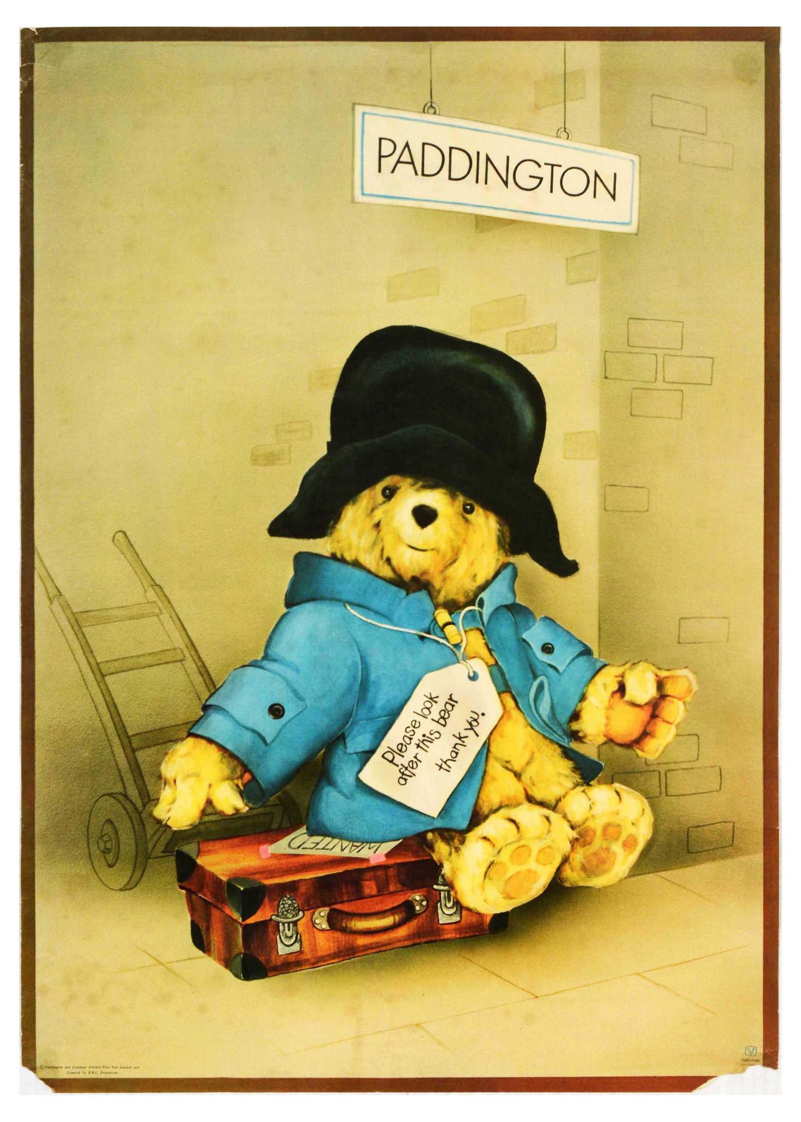 Advertising Poster Paddington Bear Suitcase Railway Station Marmalade: Original vintage advertising poster Paddington - Please look after this bear. Thank you. - featuring an adorable illustration of Paddington Bear in a black hat and blue duffel coat sitting on a suitca