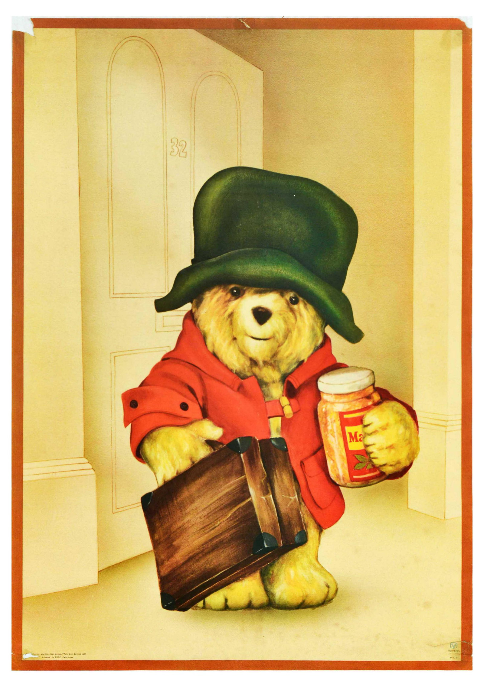 Advertising Poster Paddington Bear Suitcase Marmalade: Original vintage advertising poster Paddington featuring an adorable illustration of Paddington Bear in a green hat and red duffel coat holding a jar of marmalade and a suitcase. Paddington Bear was c