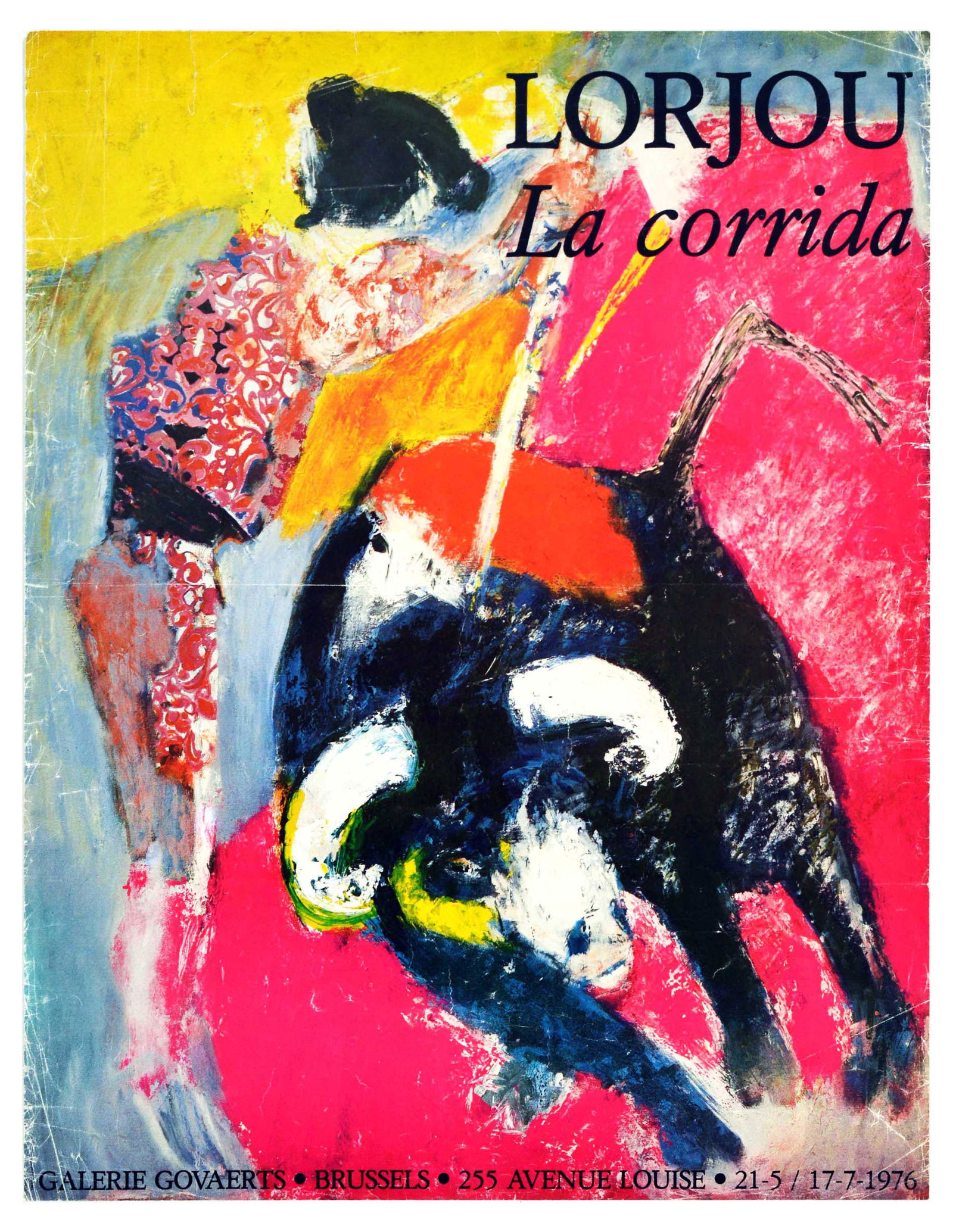 Advertising Poster Lorjou La Corrida Bullfighter Matador Art Exhibition: Original vintage advertising poster for Lorjou La Corrida exhibition of artwork by French Expressionism and anti-abstract painter Bernard Lorjou (1908-1986) featuring a colourful illustration of a mat