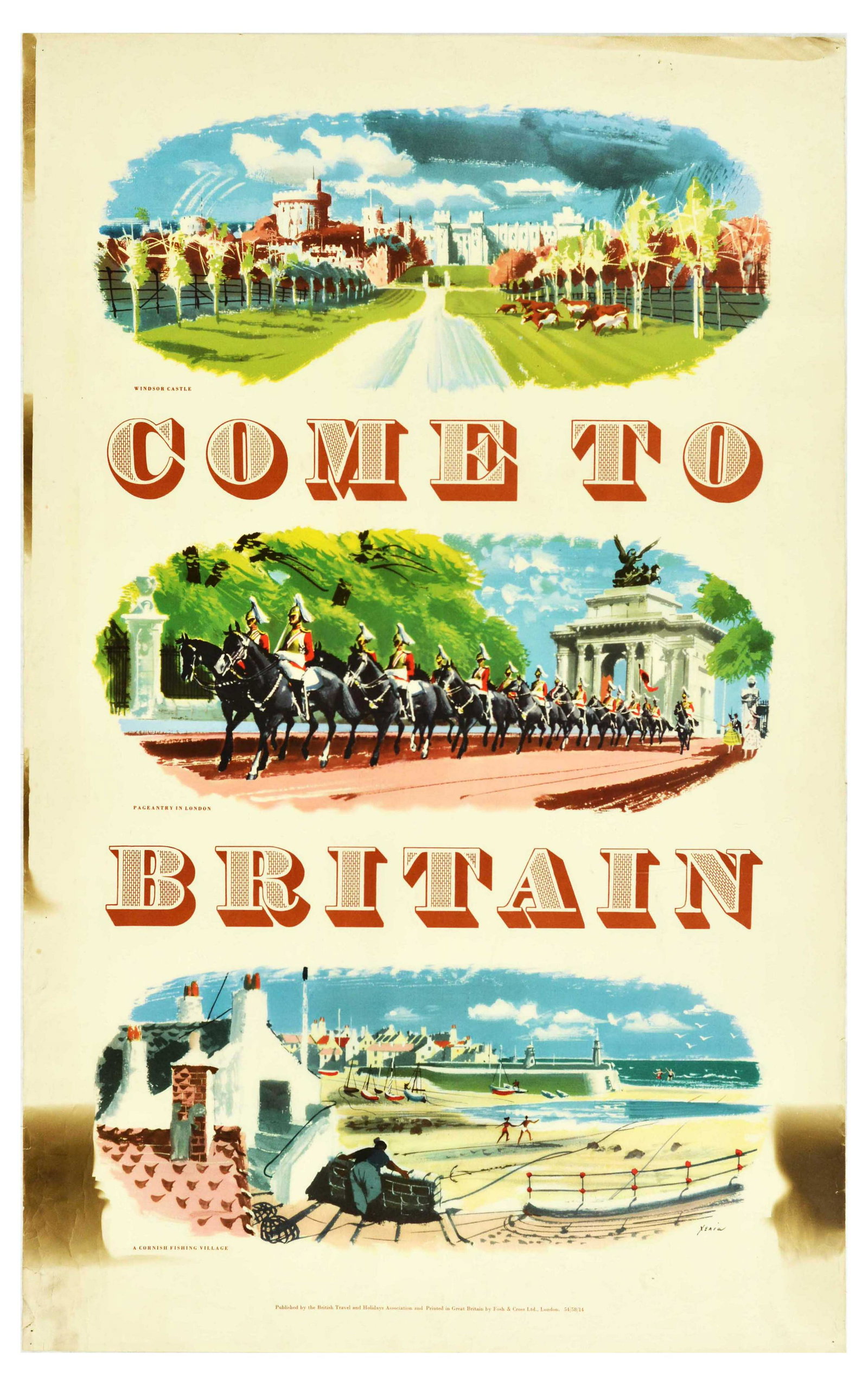 Travel Poster Come To Britain Windsor Castle Royal London Cornwall: Original vintage travel advertising poster published by the British Travel and Holidays Association to promote the various traditional historic and other tourist attractions for visitors - Come to Bri