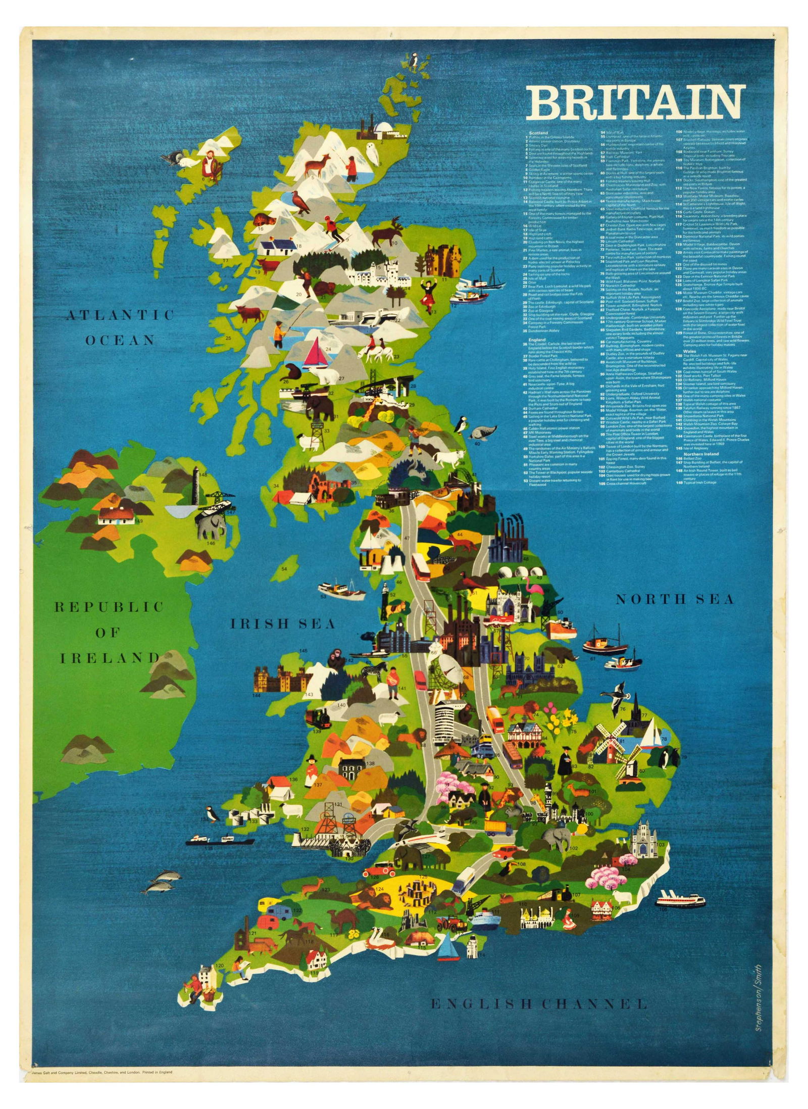 Travel Poster Great Britain Northern Ireland Pictorial Map: Original vintage travel poster Britain, featuring a pictorial map with fun colourful numbered illustrations and a list marking places of interest like castles, zoos, museums. forests, wildlife, portra