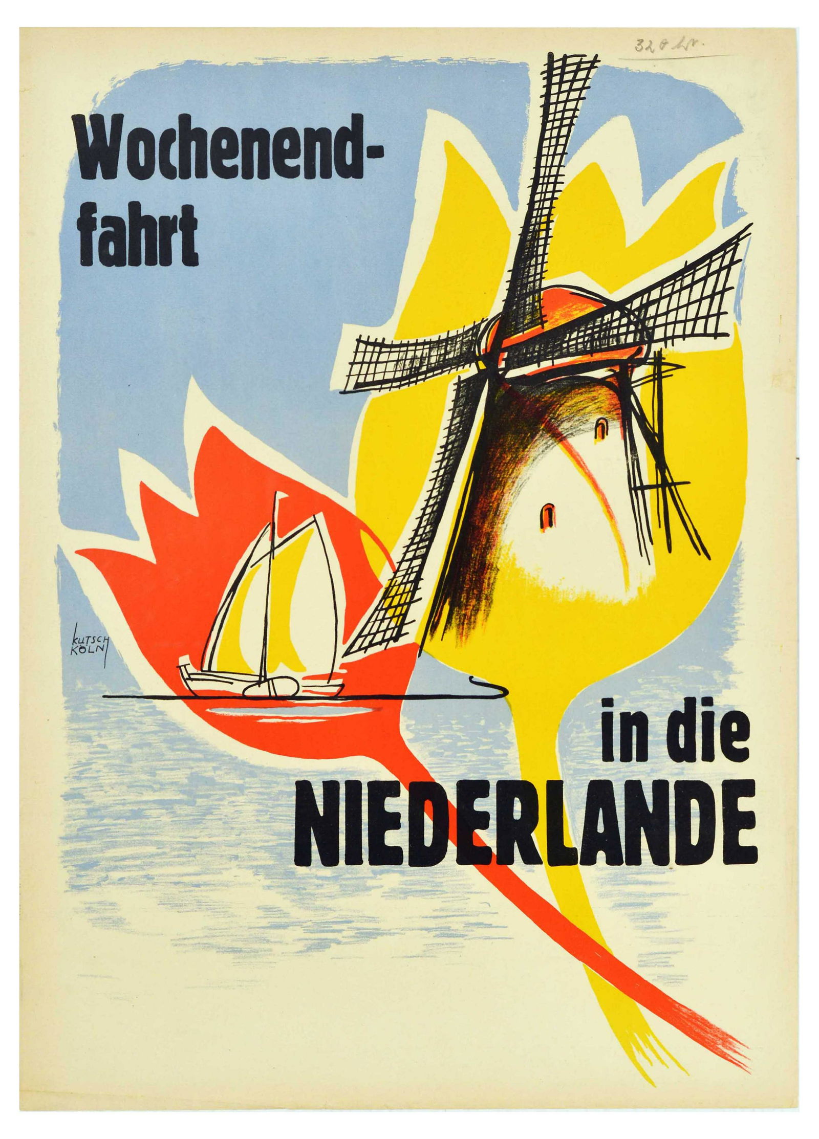 Travel Poster Netherlands Tulip Windmill Sailing Yacht: Original vintage travel poster Weekend trip to the Netherlands / Wochenend-fahrt in die Niederlande, featuring an illustration of a sailing boat and a windmill set over orange and yellow tulips with l