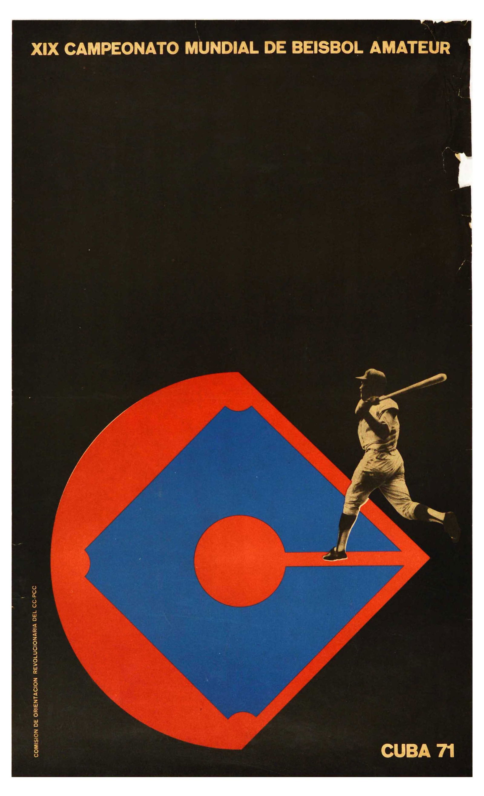 Sport Poster World Amateur Baseball Championship Cuba 71: Original vintage sport poster for XIX World Amateur Baseball Championship / XIX Campeonato Mundial De Beisbol Amateur, featuring a baseball player swinging a bat on a stylised blue and red baseball fi