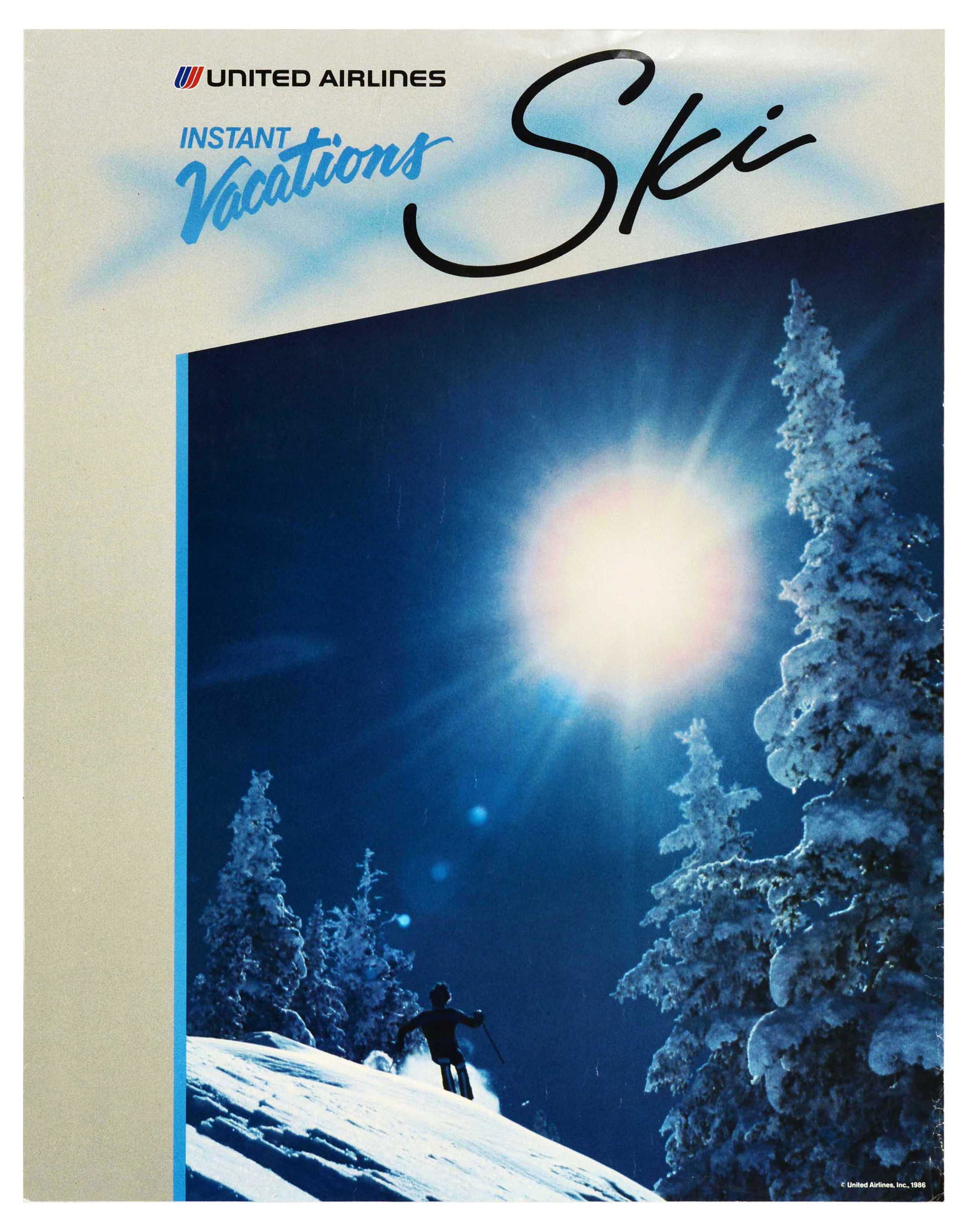 Sport Poster United Airlines Ski USA Instant Vacations: Original vintage travel poster Instant Vacations Ski by United Airlines featuring a photograph of a skier going down white snowy slope with snow-covered fir trees and bright shining sun in the sky. Un