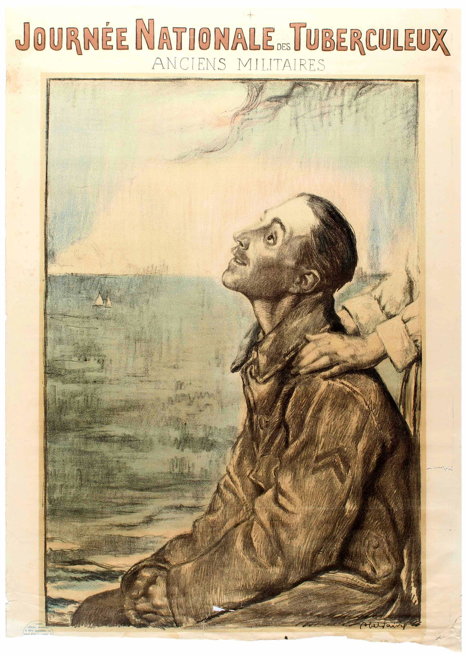 War Poster National Tuberculosis Day Soldier France WWI: Original vintage WWI Propaganda Poster - National Tuberculosis Day. Veterans (Journe Nationale des Tuberculeux. Anciens Militaires.) Illustration depicts a sick soldier kneeling next to the sea. Desig